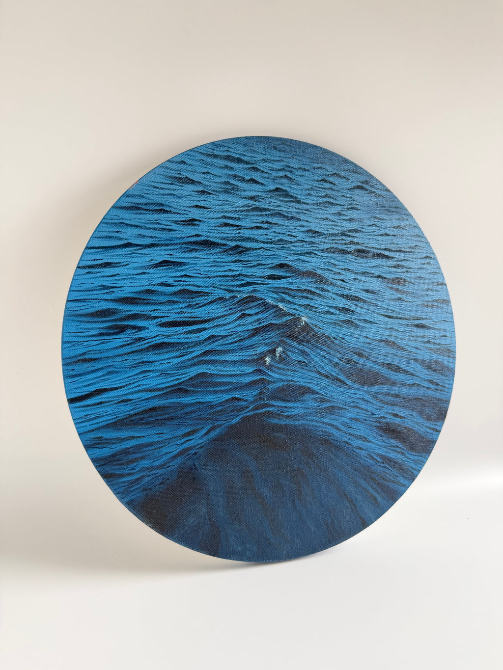 Original Round Ocean Painting — 14 Inch Navy Blue Oil Art