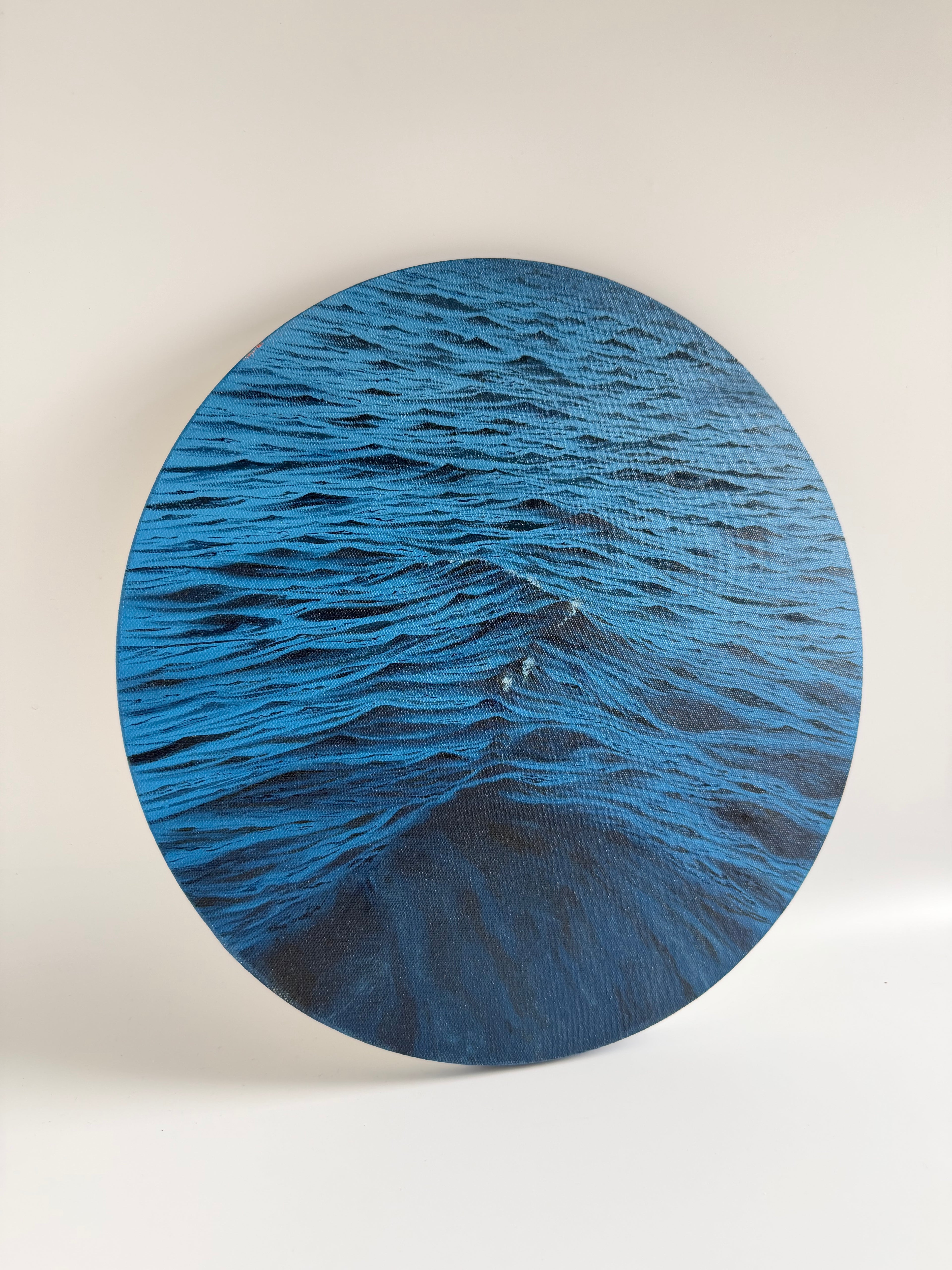 Original Round Ocean Painting — 14 Inch Navy Blue Oil Art