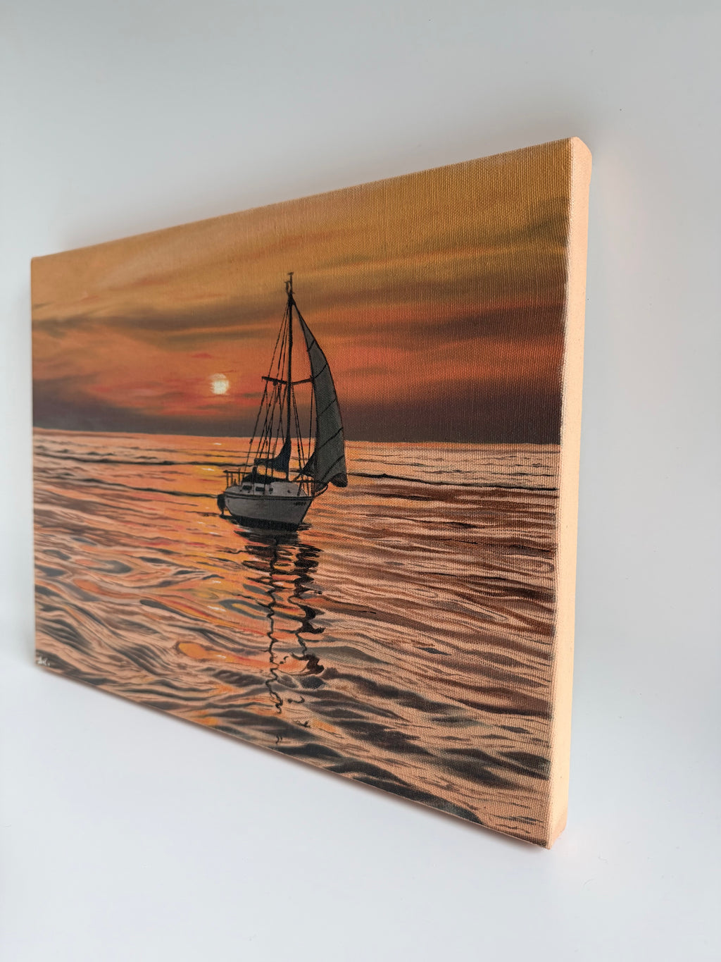 Original Sailboat Sunset Painting — Lake Oil on Canvas