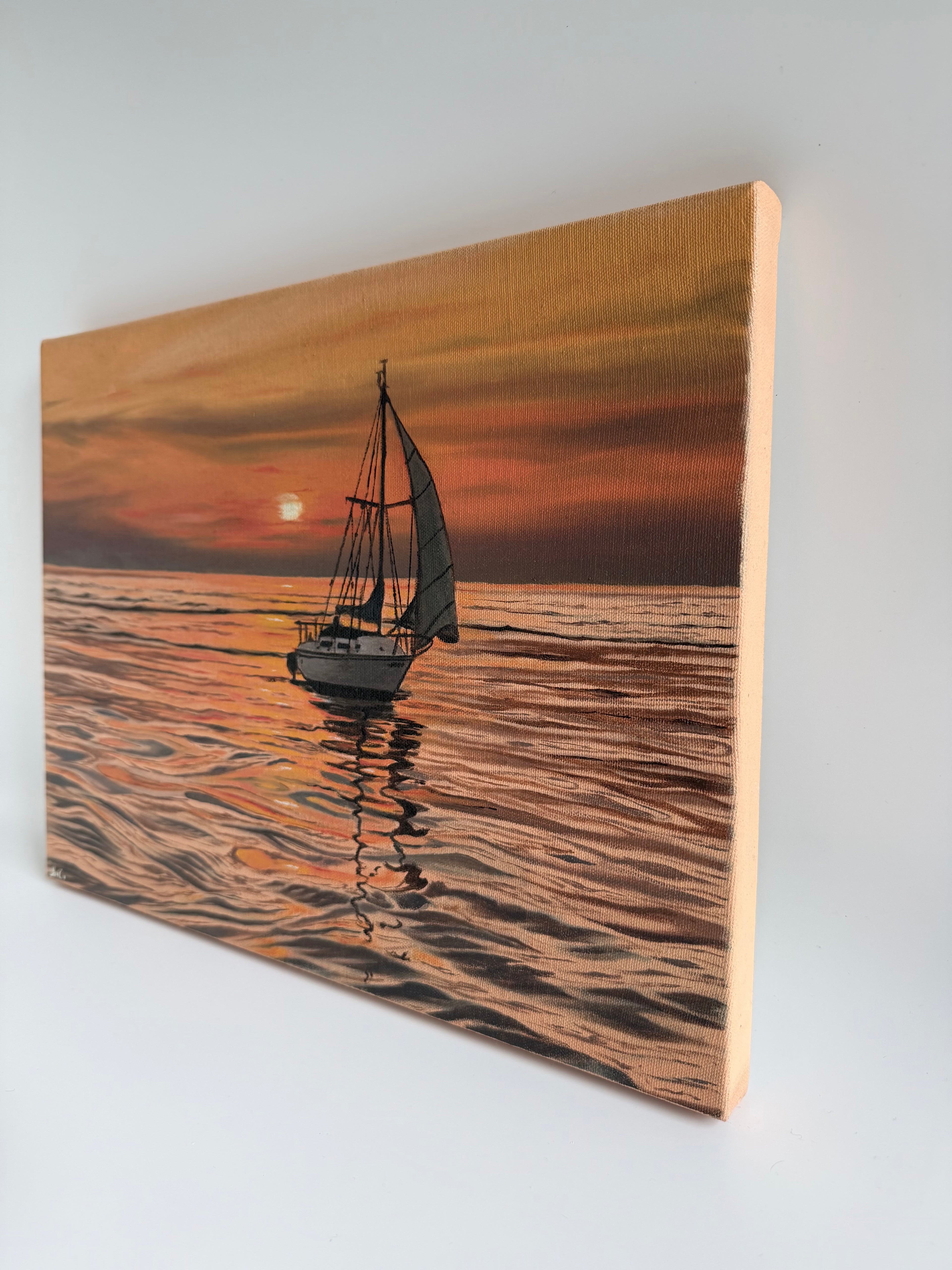Original Sailboat Sunset Painting — Lake Oil on Canvas