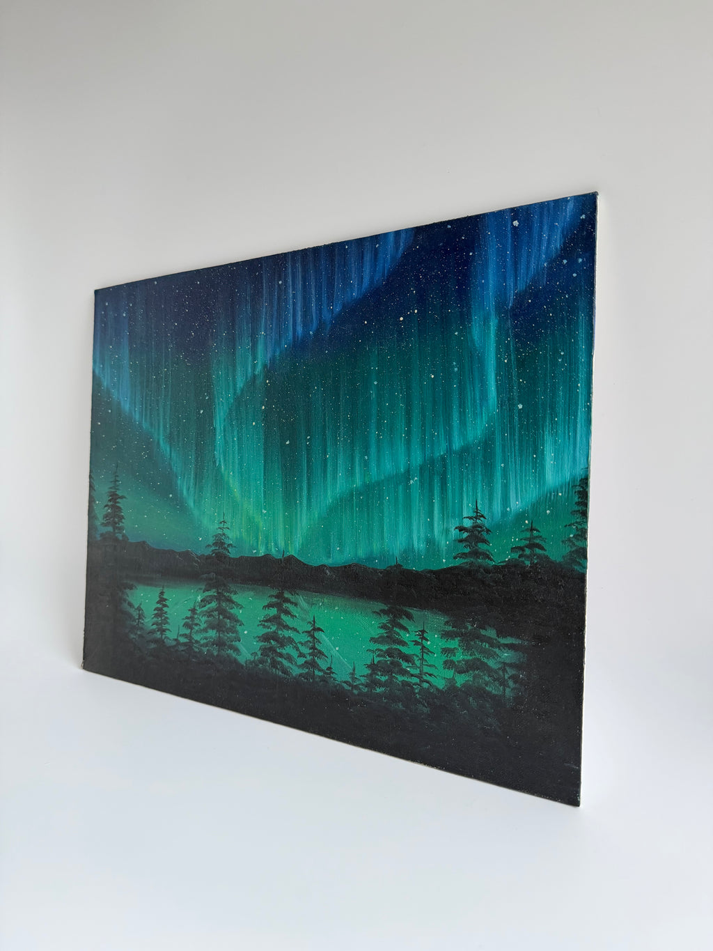 Aurora Borealis Painting – Aurora by the Lake | Original Oil Painting