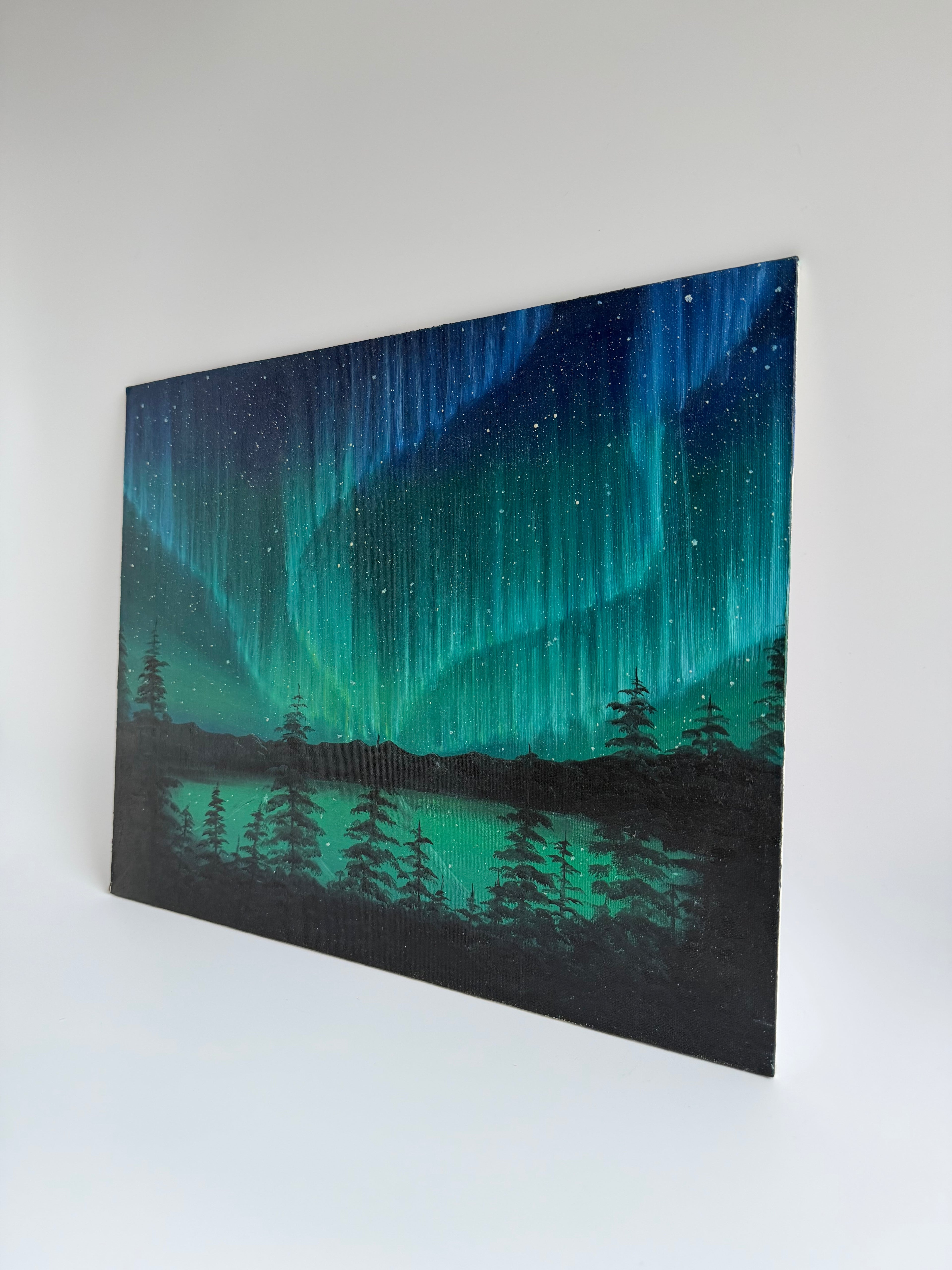 Aurora Borealis Painting – Aurora by the Lake | Original Oil Painting