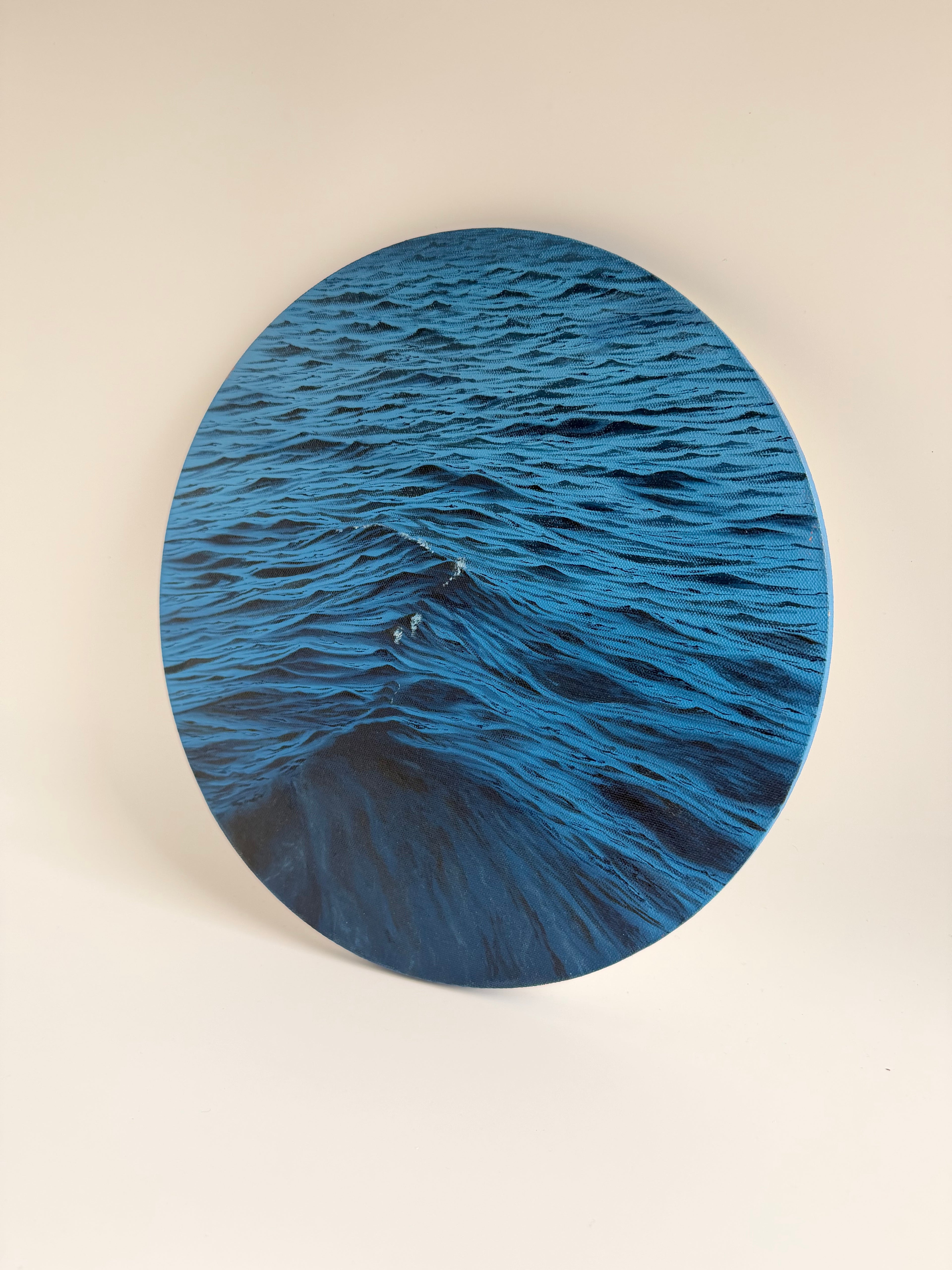 Original Round Ocean Painting — 14 Inch Navy Blue Oil Art