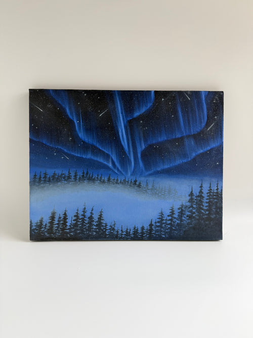 Original Aurora Borealis oil painting featuring vibrant Northern Lights above a snowy forest landscape with shooting stars, hand-painted by Shreya Chandra.