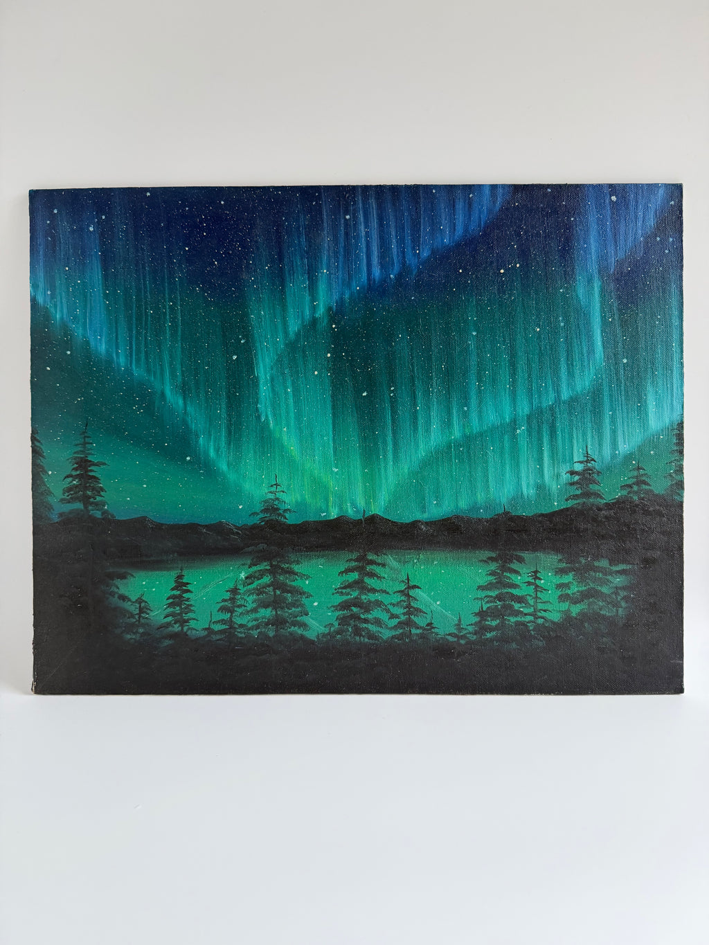 Aurora Borealis Painting – Aurora by the Lake | Original Oil Painting