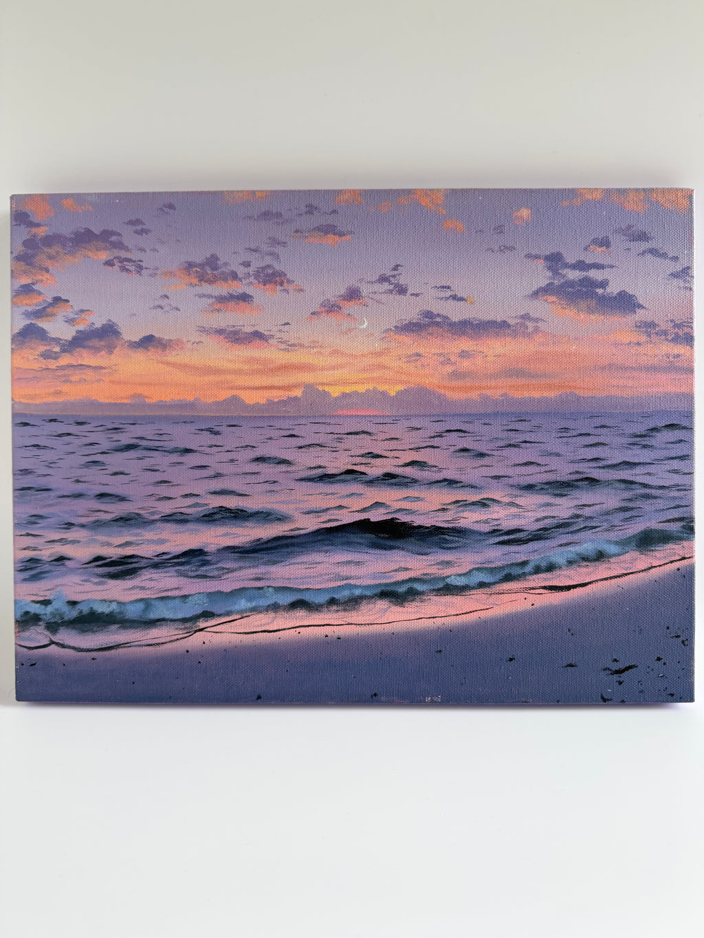 Original Purple Beach Sunset Painting — 12 × 16 Oil on Canvas