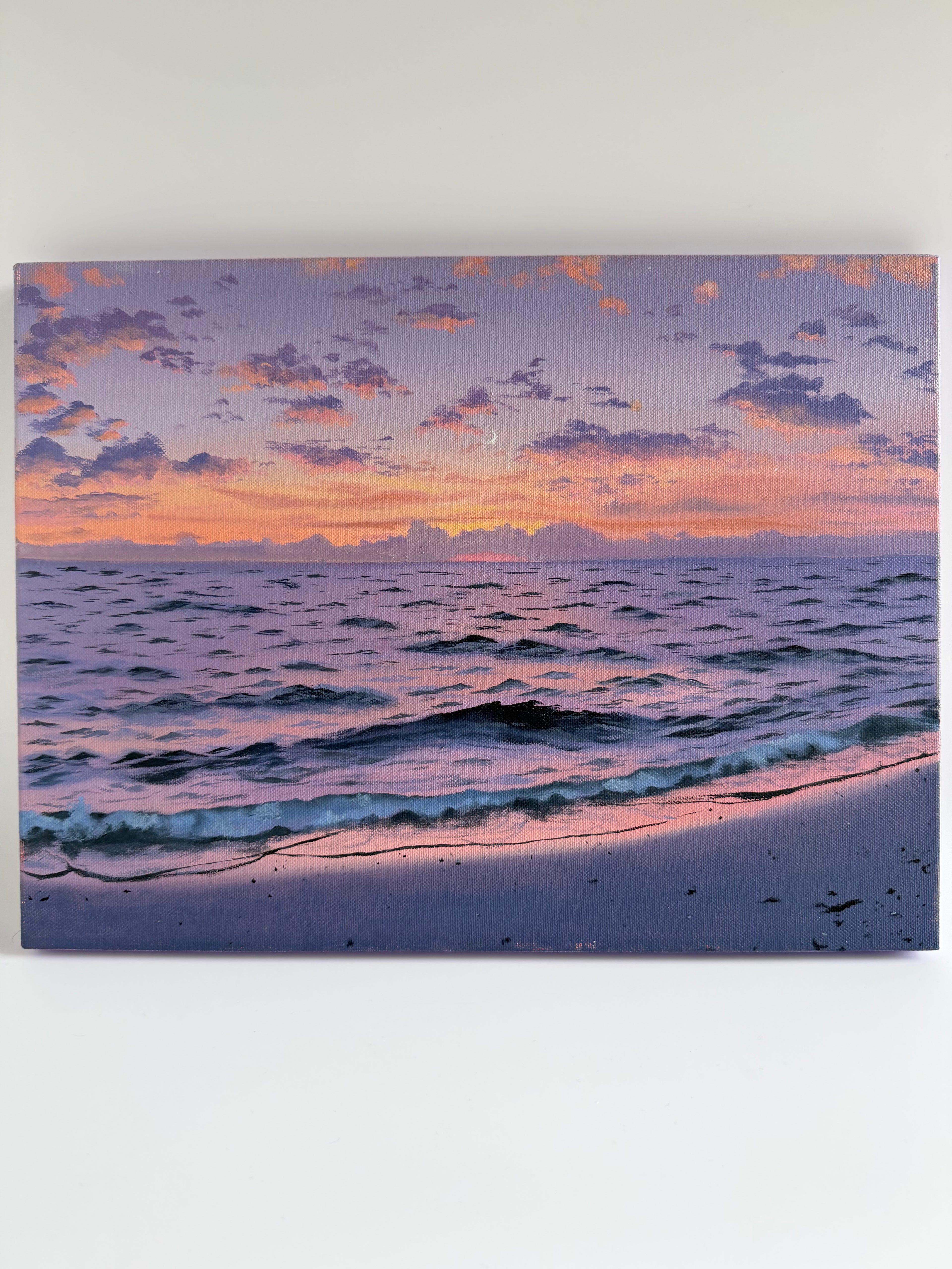 Original Purple Beach Sunset Painting — 12 × 16 Oil on Canvas