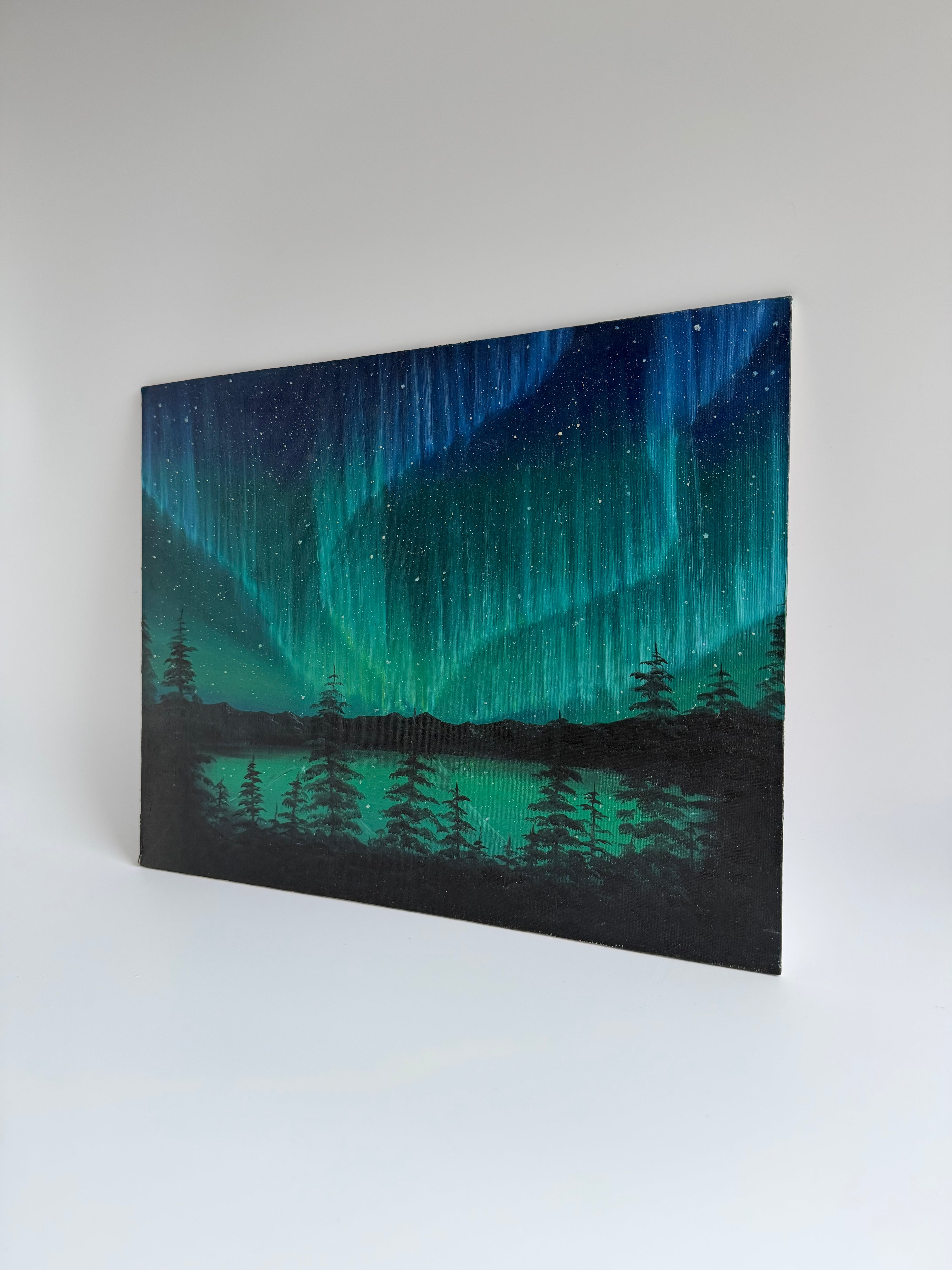 Aurora Borealis Painting – Aurora by the Lake | Original Oil Painting