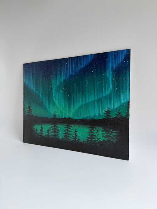 Aurora Borealis Painting – Aurora by the Lake | Original Oil Painting