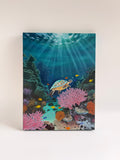 Original underwater sea turtle oil painting featuring vibrant marine life beneath the ocean.