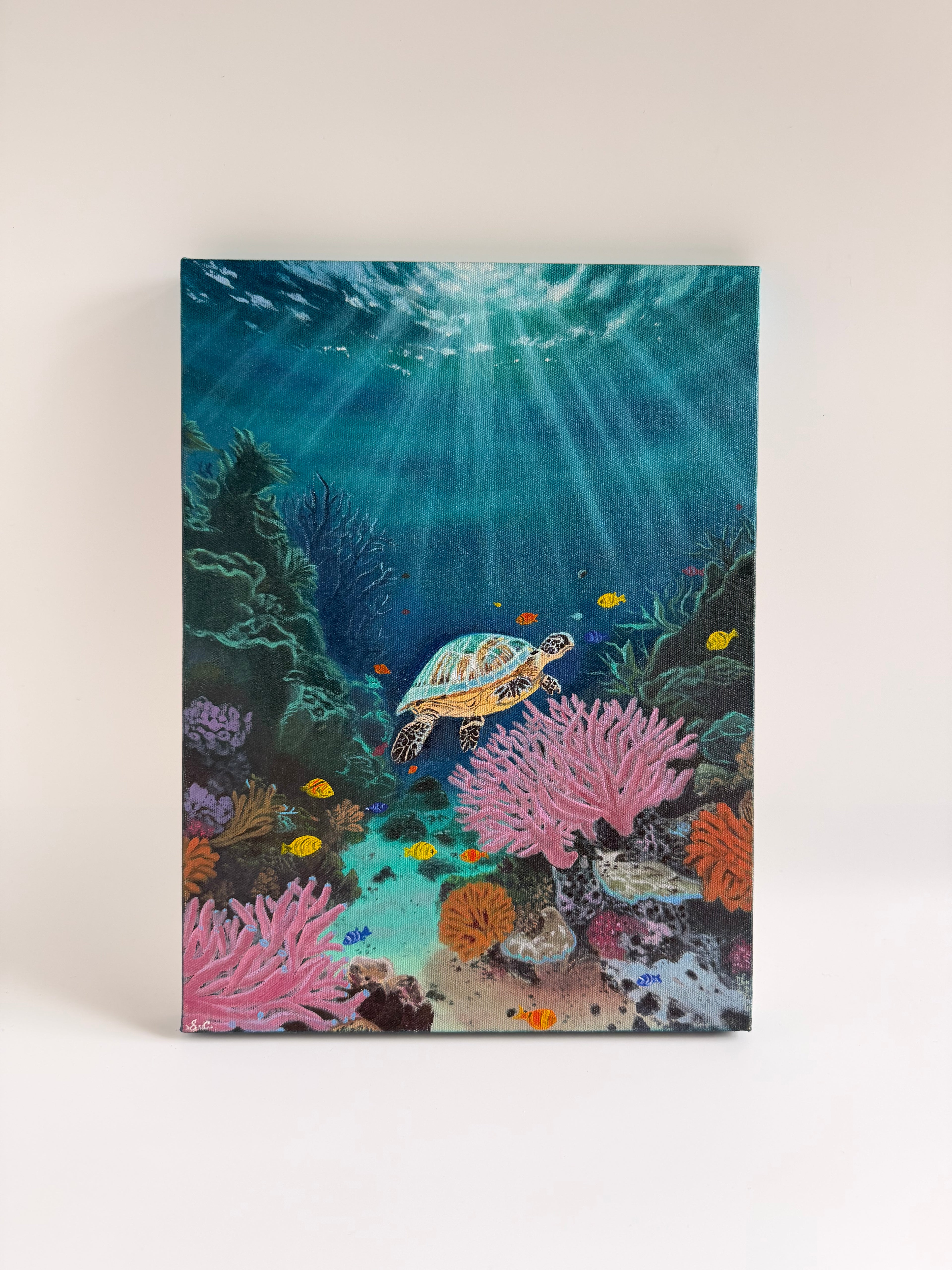 Original underwater sea turtle oil painting featuring vibrant marine life beneath the ocean.