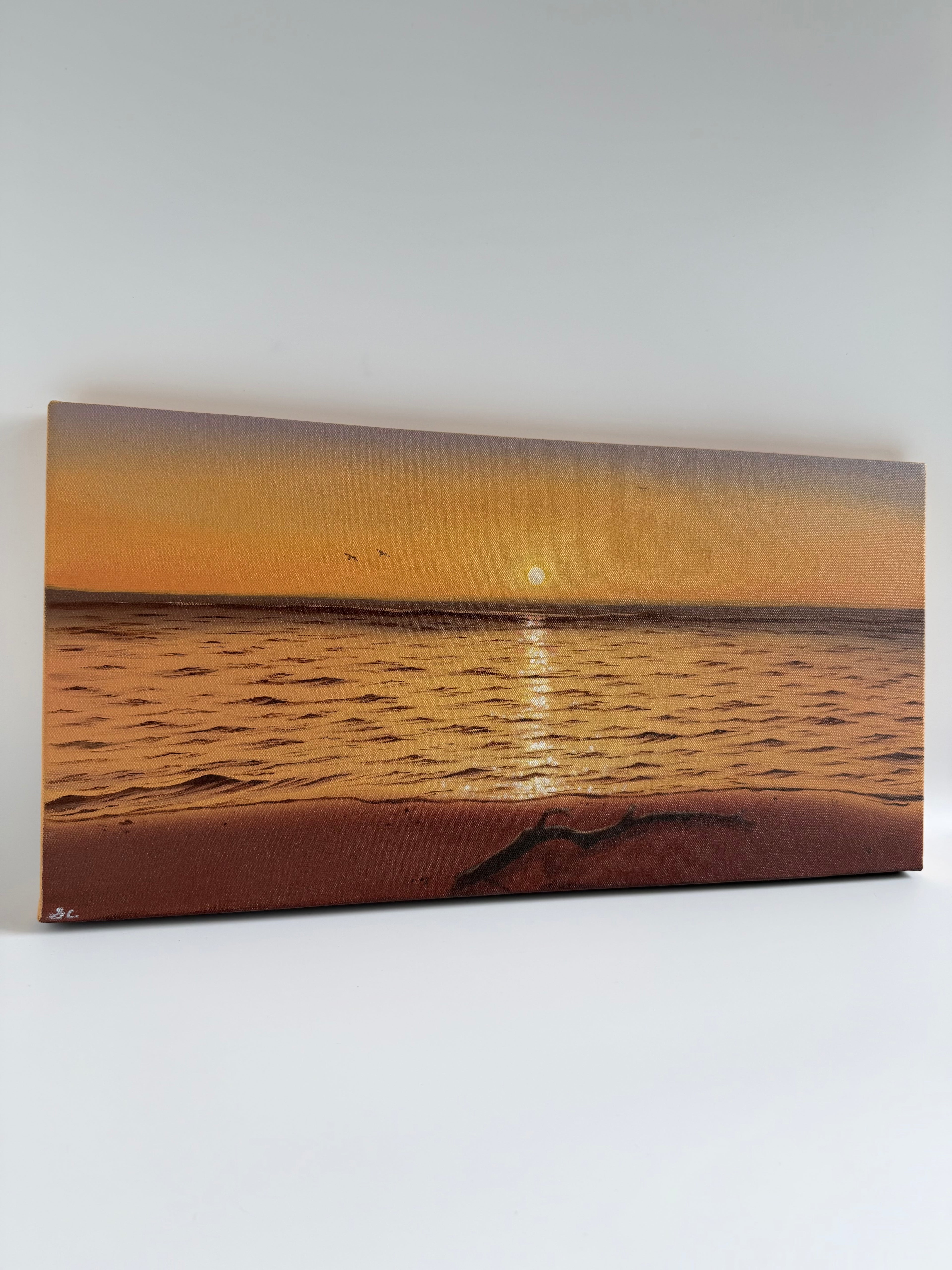 Golden Reflections | Original Long Narrow Beach Sunset Oil Painting