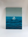 Original sailboat oil painting featuring turquoise ocean waters and a peaceful coastal scene.