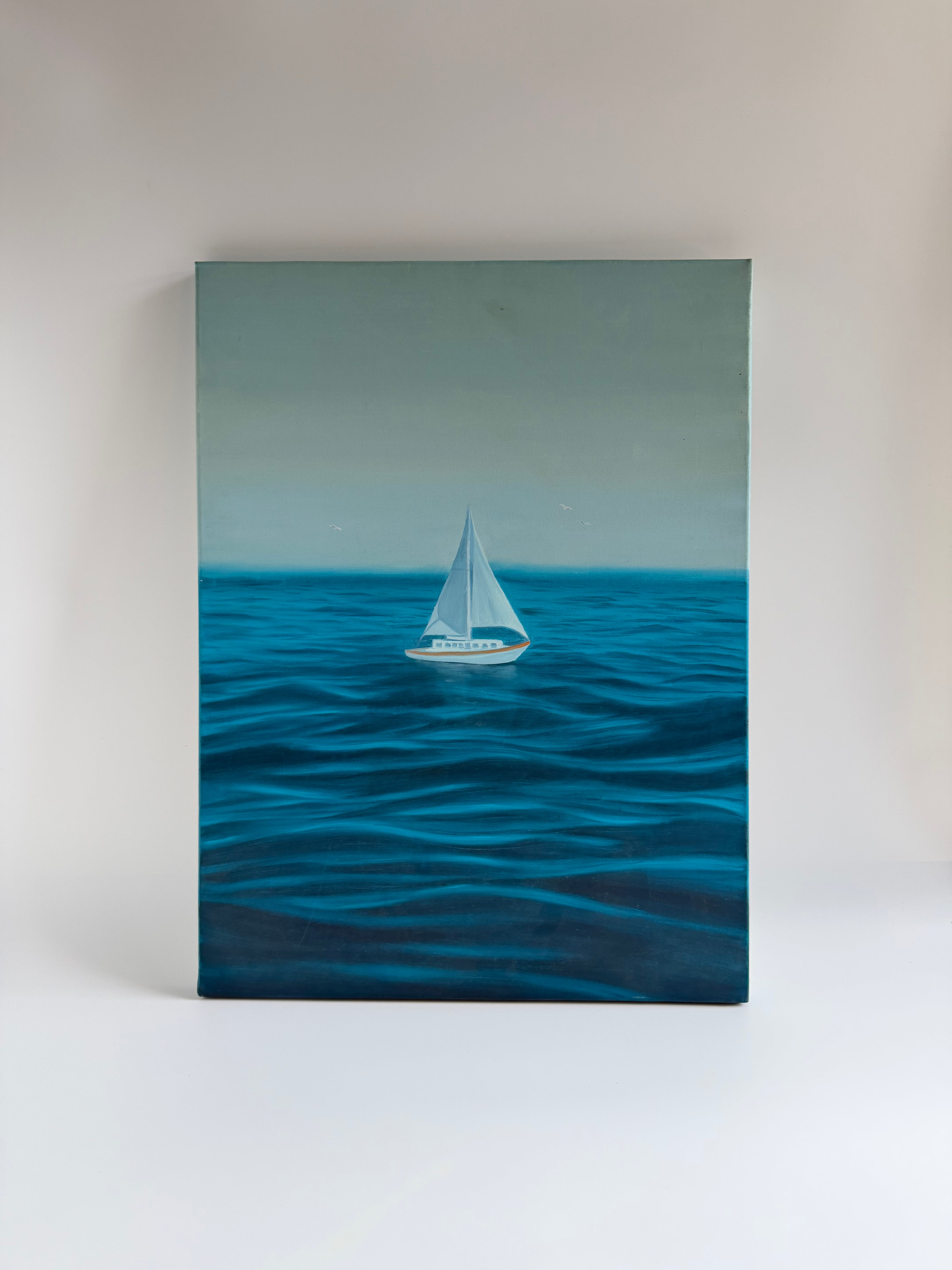 Original sailboat oil painting featuring turquoise ocean waters and a peaceful coastal scene.