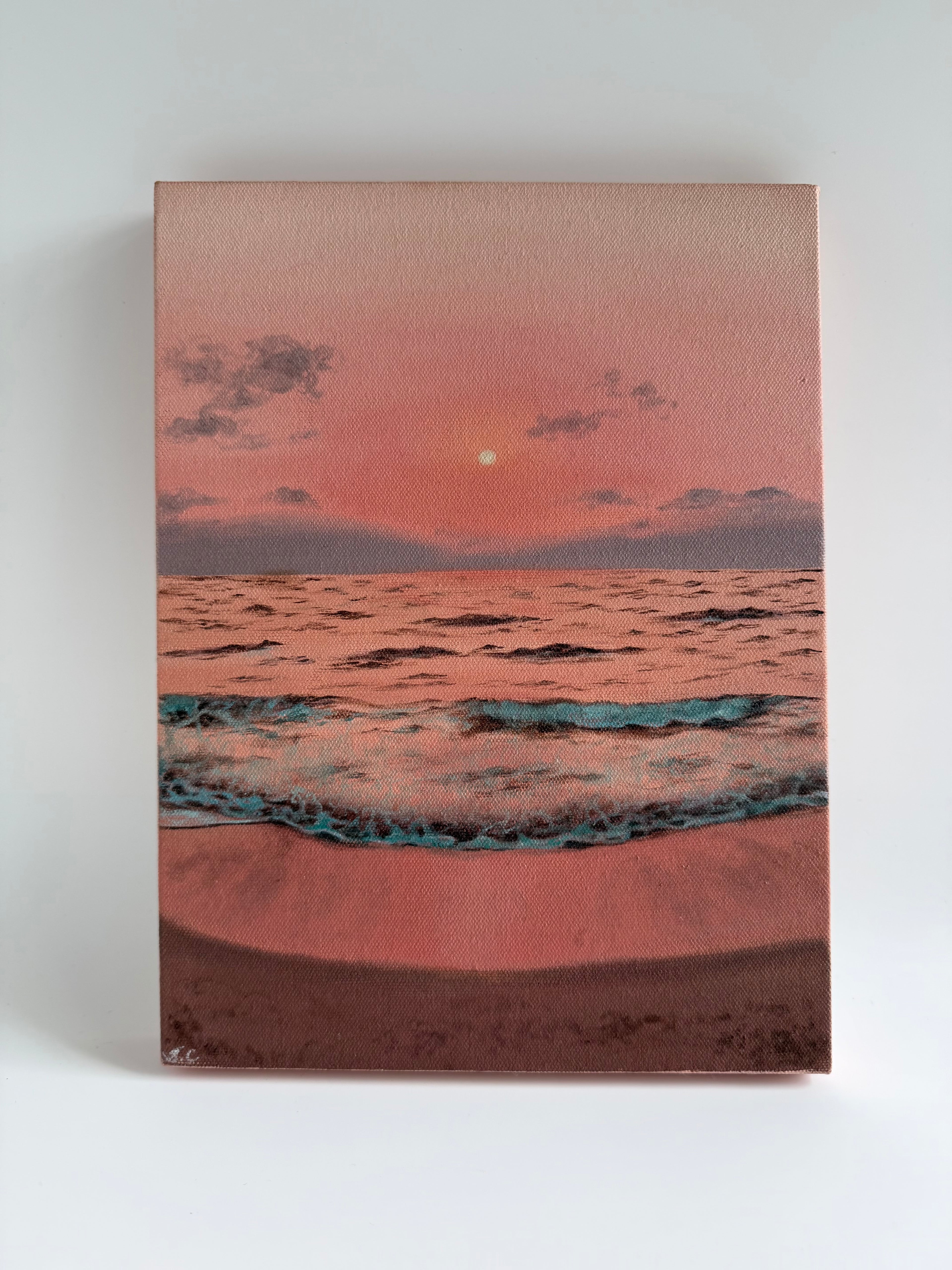 Original beach sunset oil painting featuring soft pink skies and calm ocean waves on a 9 × 12 stretched canvas.