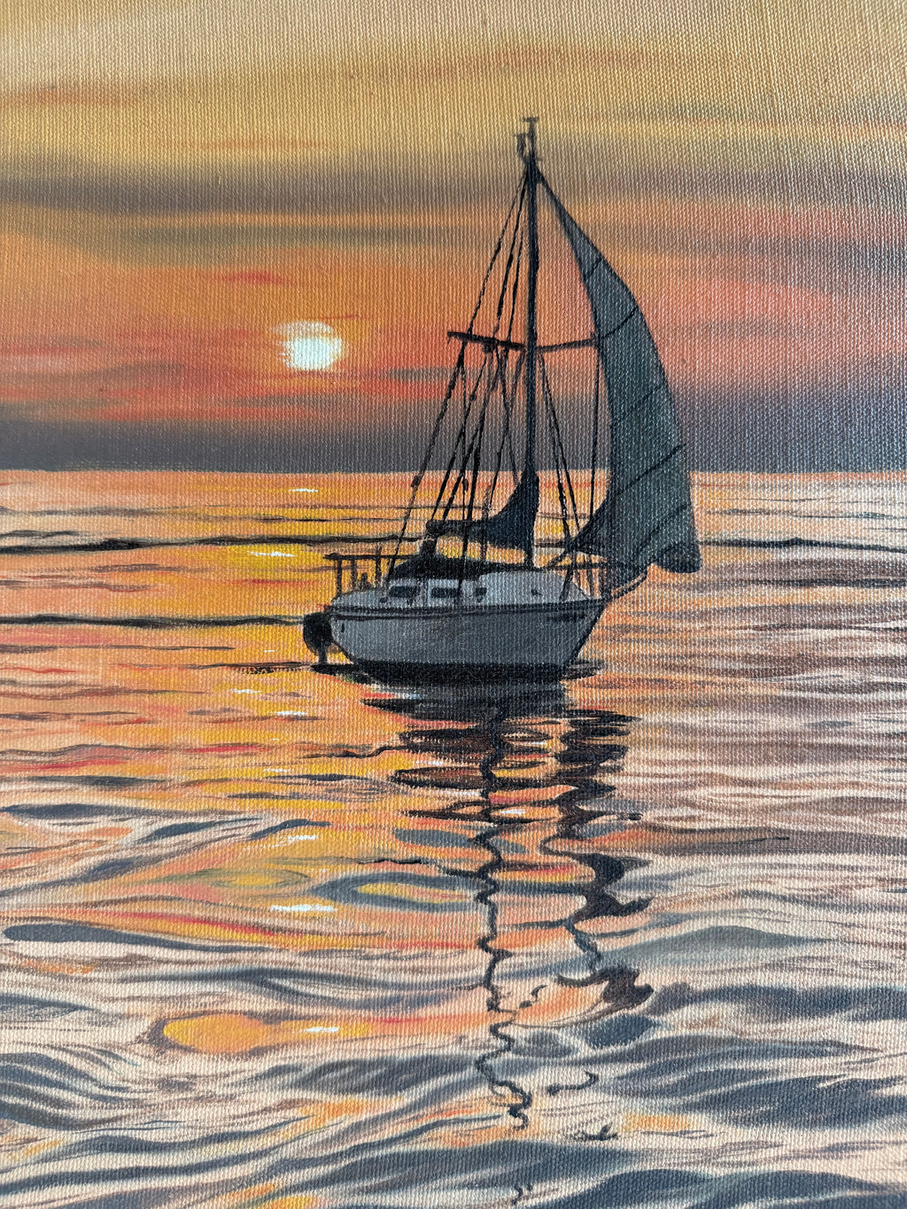 Original Sailboat Sunset Painting — Lake Oil on Canvas