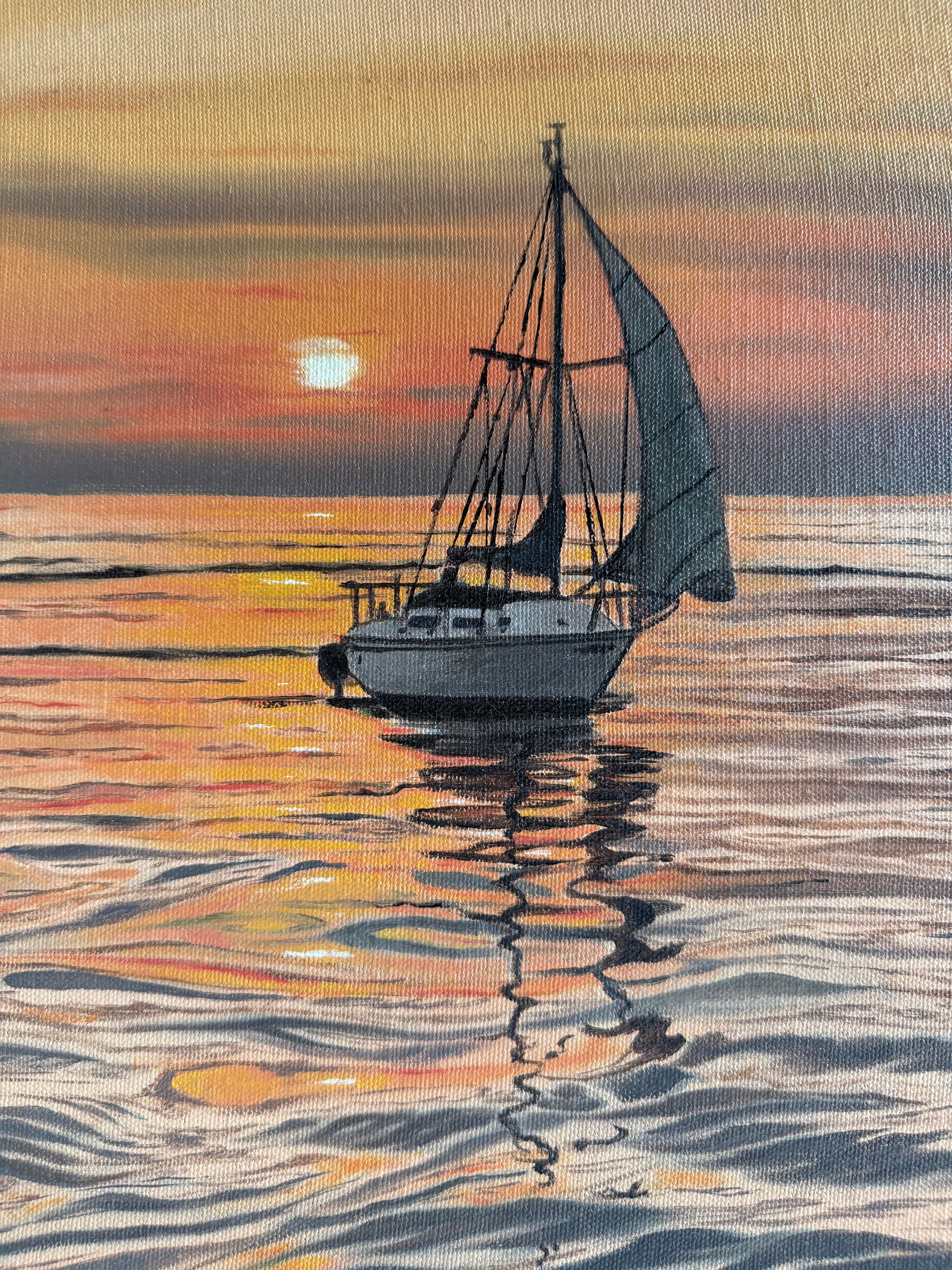 Original Sailboat Sunset Painting — Lake Oil on Canvas