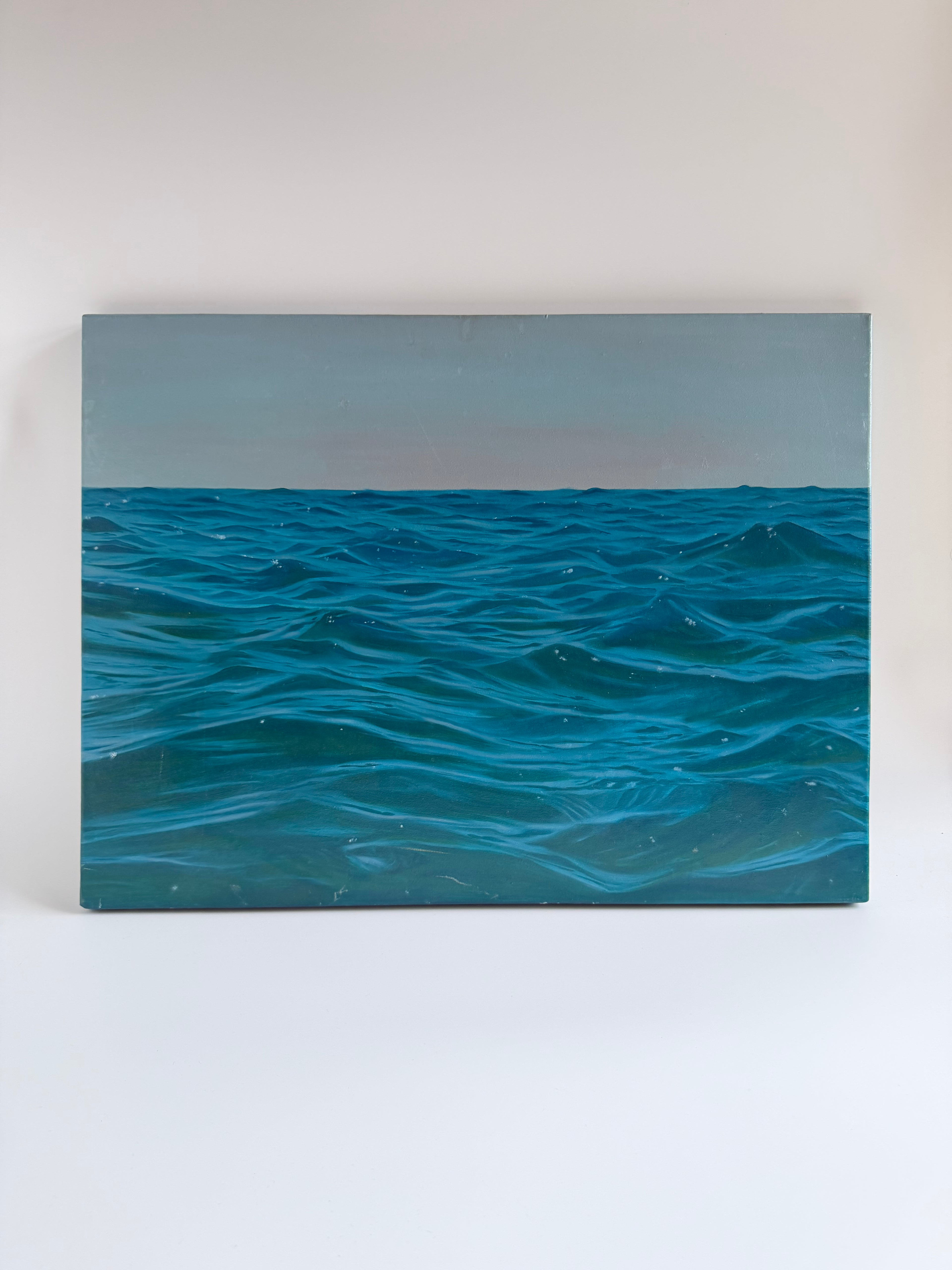 Original turquoise ocean oil painting featuring vibrant coastal waters on an 18 × 24 stretched canvas.