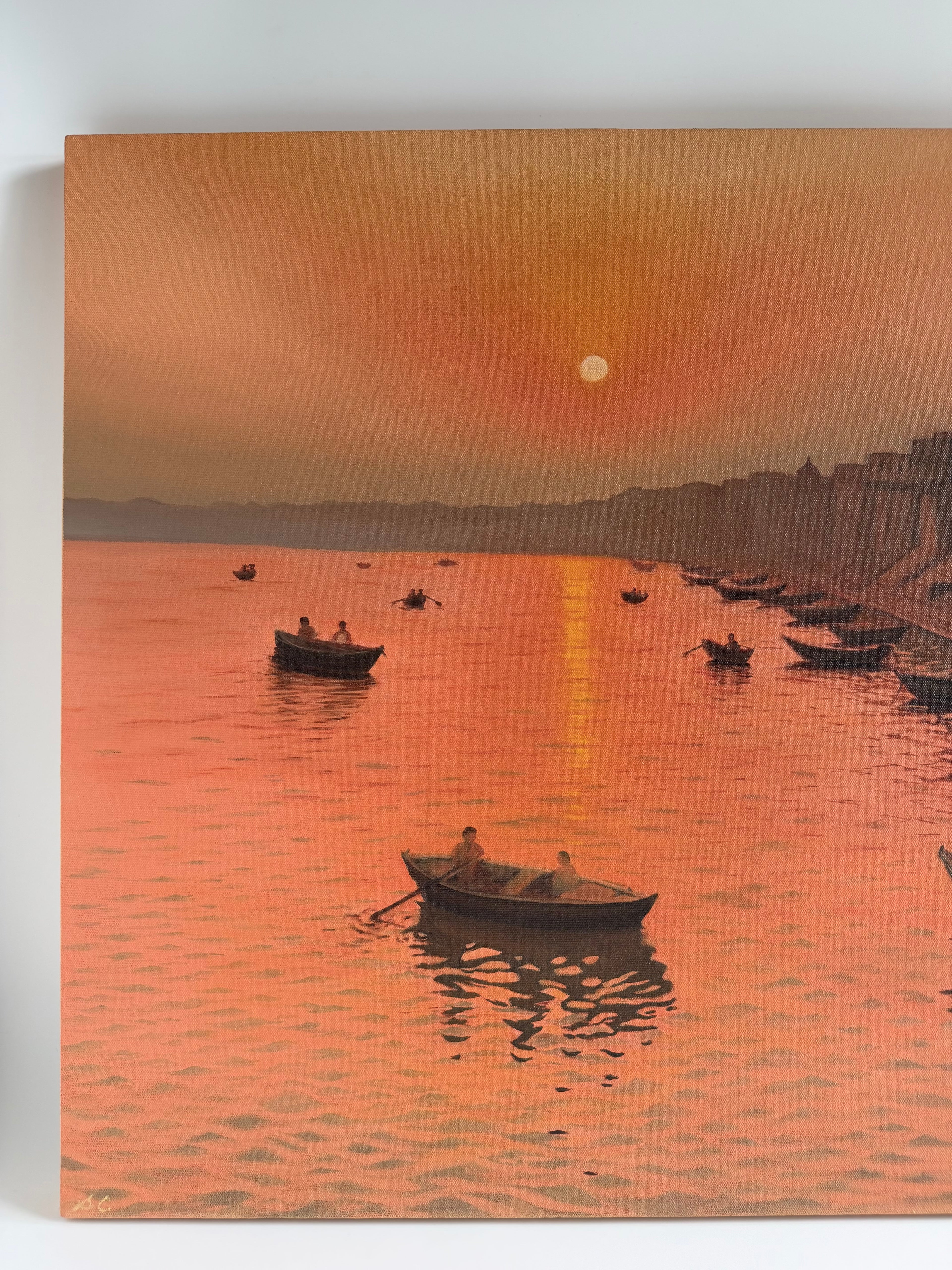 Varanasi Sunrise — Original Banaras Ghat Oil Painting