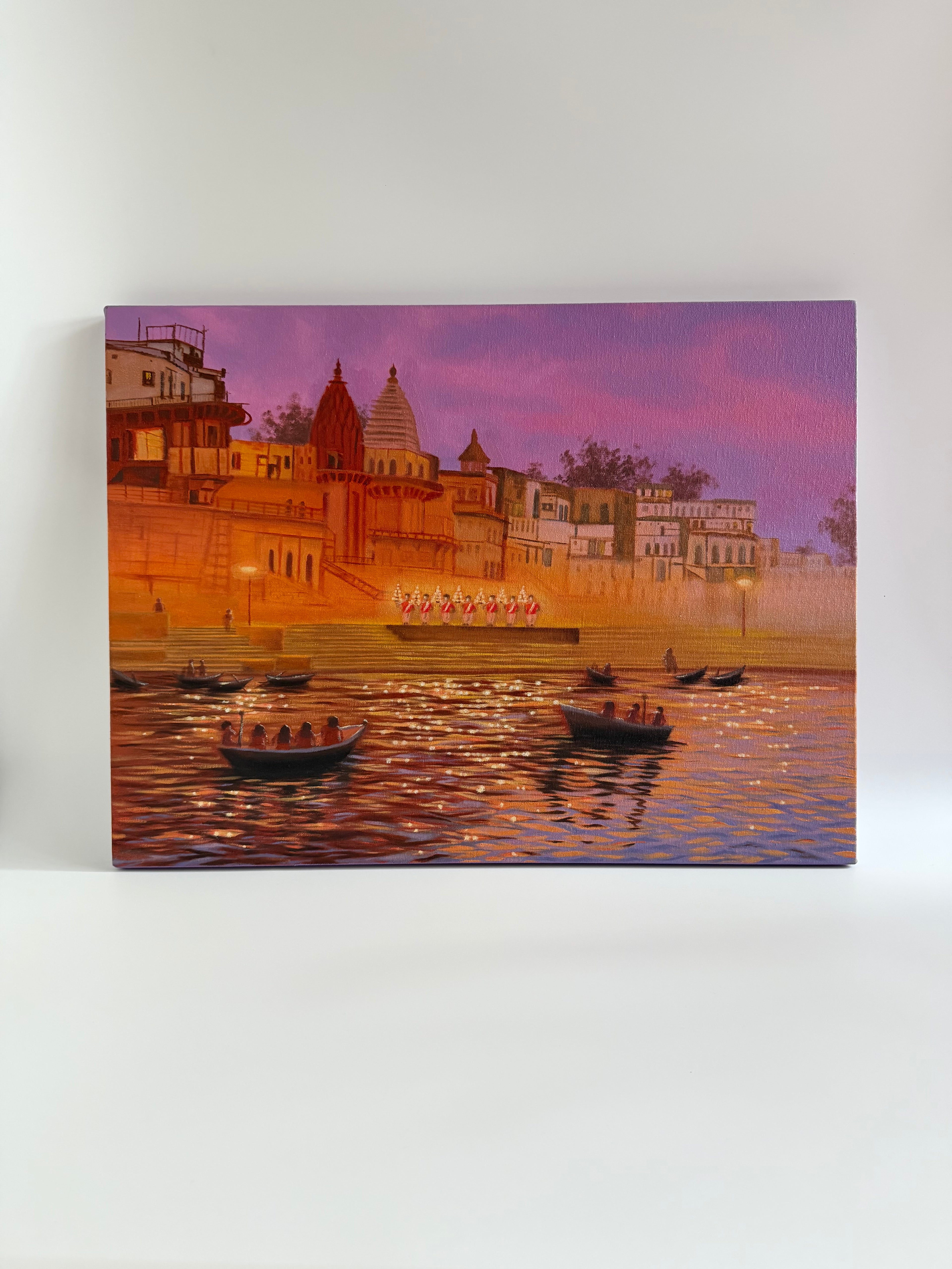 Banaras Ganga Aarti at Evening – Original Oil Painting on Canvas | 18×24 in