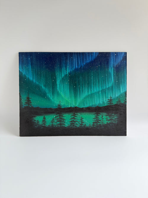 Original Aurora Borealis oil painting featuring vibrant Northern Lights reflected over a peaceful lake landscape.