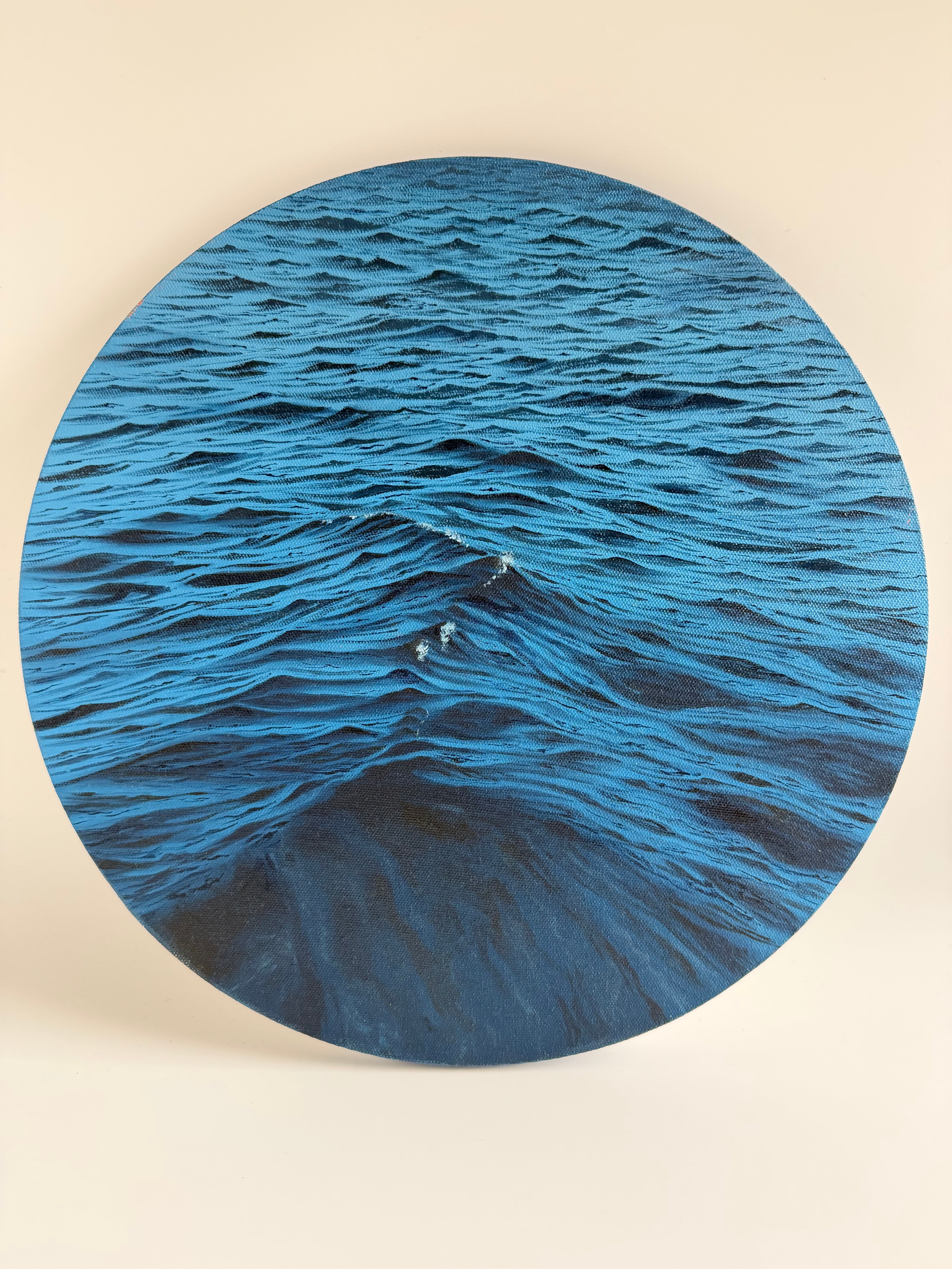 Original Round Ocean Painting — 14 Inch Navy Blue Oil Art