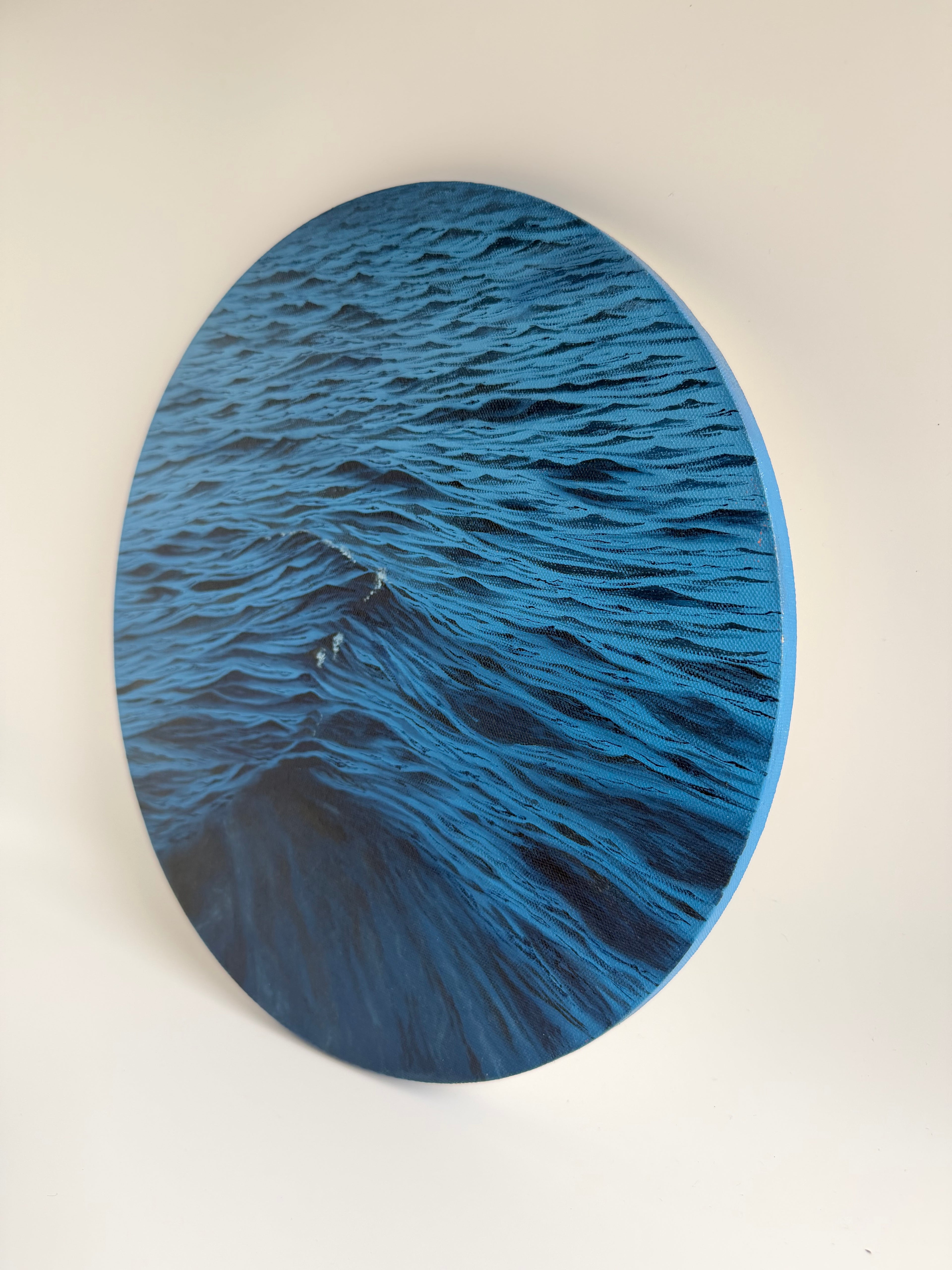 Original Round Ocean Painting — 14 Inch Navy Blue Oil Art