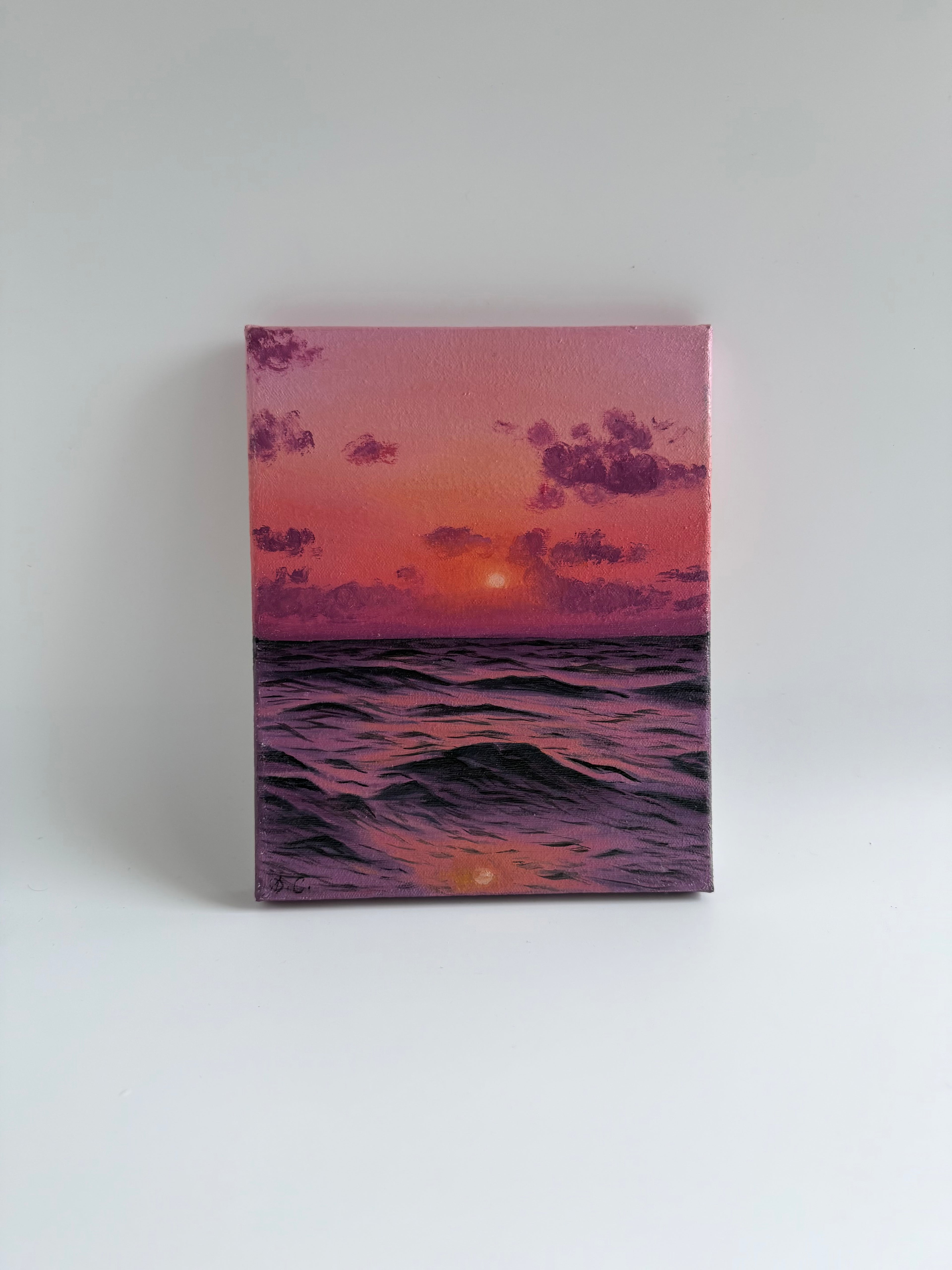 Original Beach Sunset Oil Painting | Pink Ocean Wall Art | 8×10 Coastal Artwork