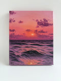 Original beach sunset oil painting featuring vibrant pink, orange, and violet skies reflected over calm ocean waves on an 8 × 10 canvas by Shreya Chandra.