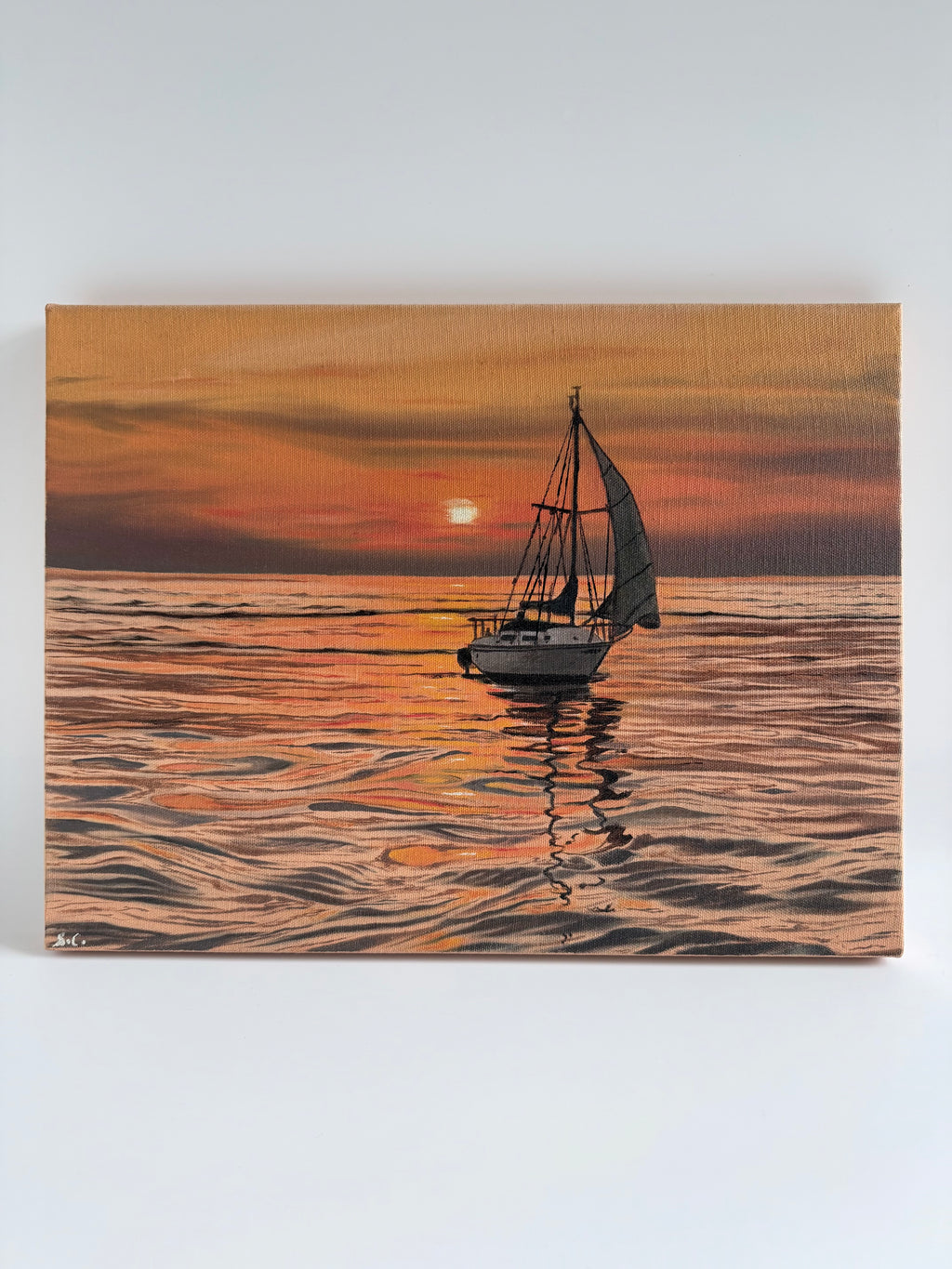 Original Sailboat Sunset Painting — Lake Oil on Canvas