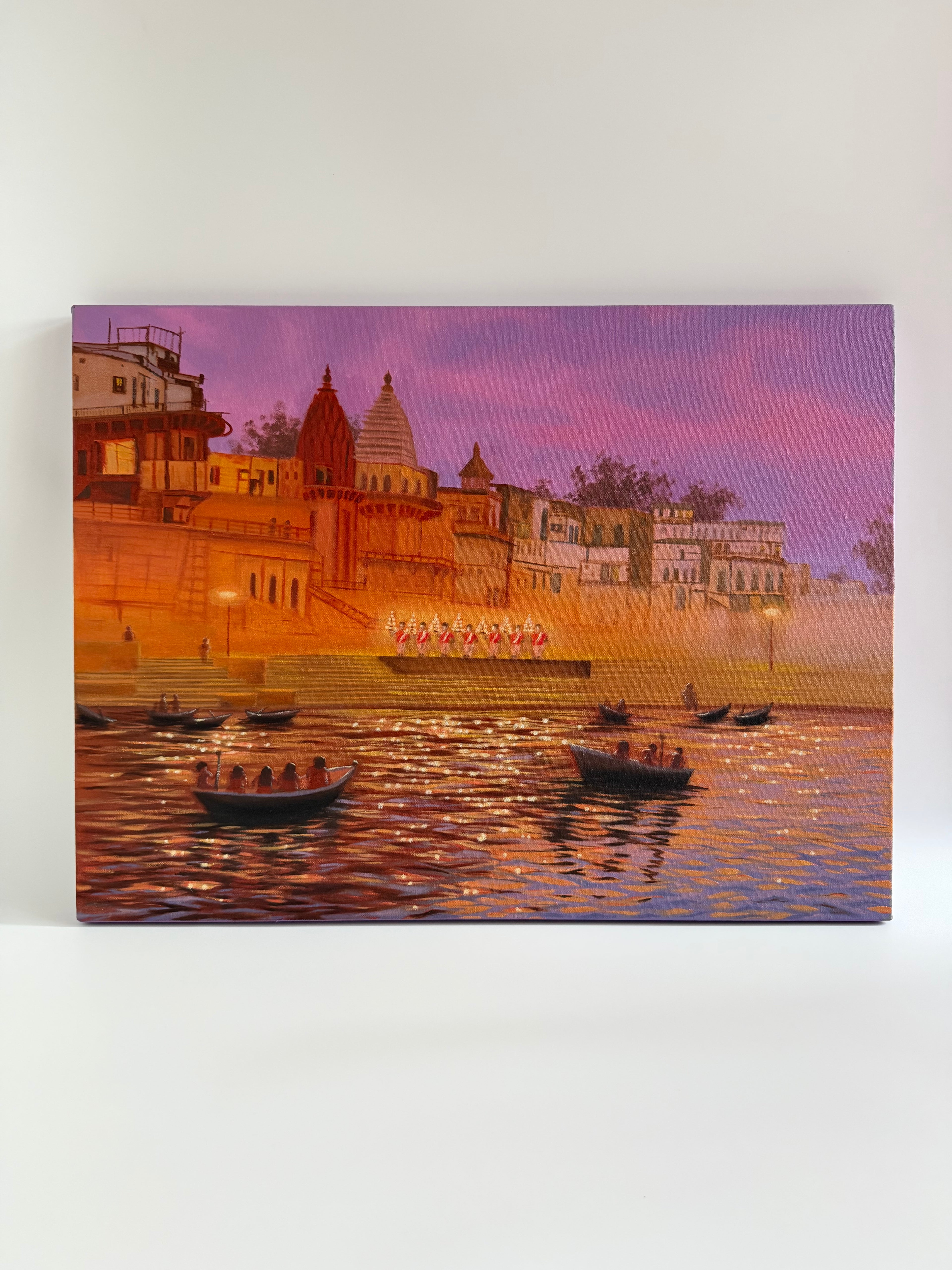 Banaras Ganga Aarti at Evening – Original Oil Painting on Canvas | 18×24 in