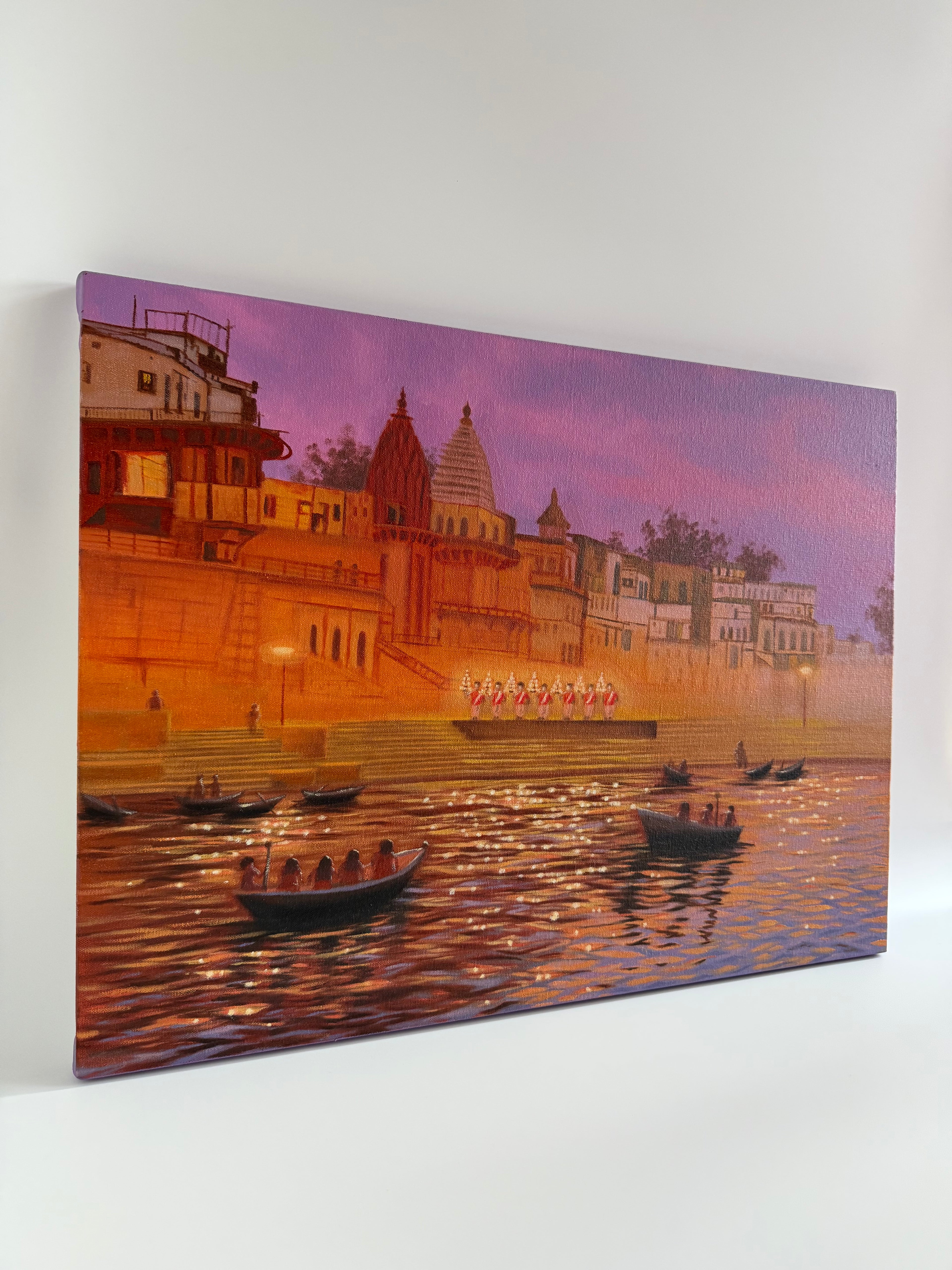 Banaras Ganga Aarti at Evening – Original Oil Painting on Canvas | 18×24 in