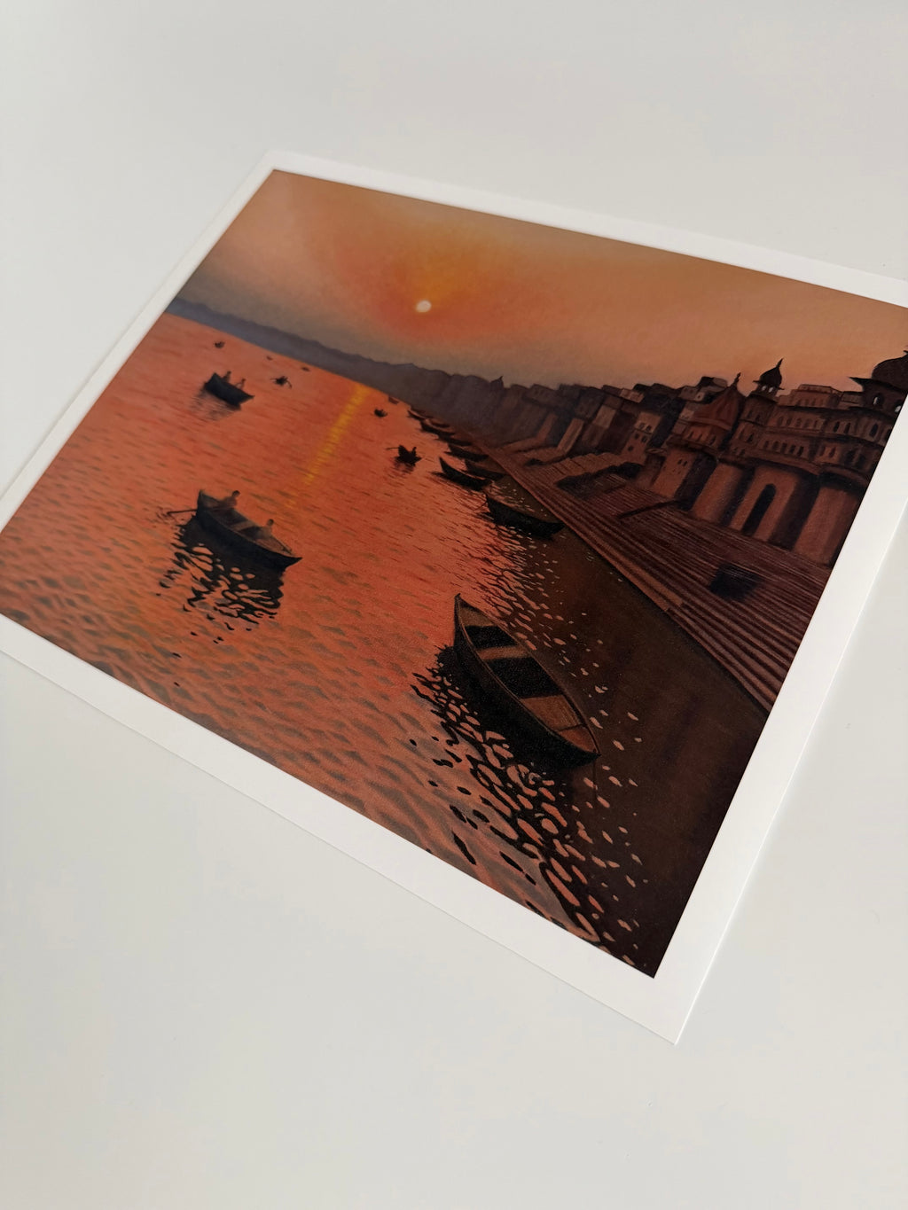 Banaras Sunrise Fine Art Print | Varanasi Ghat Wall Art | India Oil Painting Reproduction
