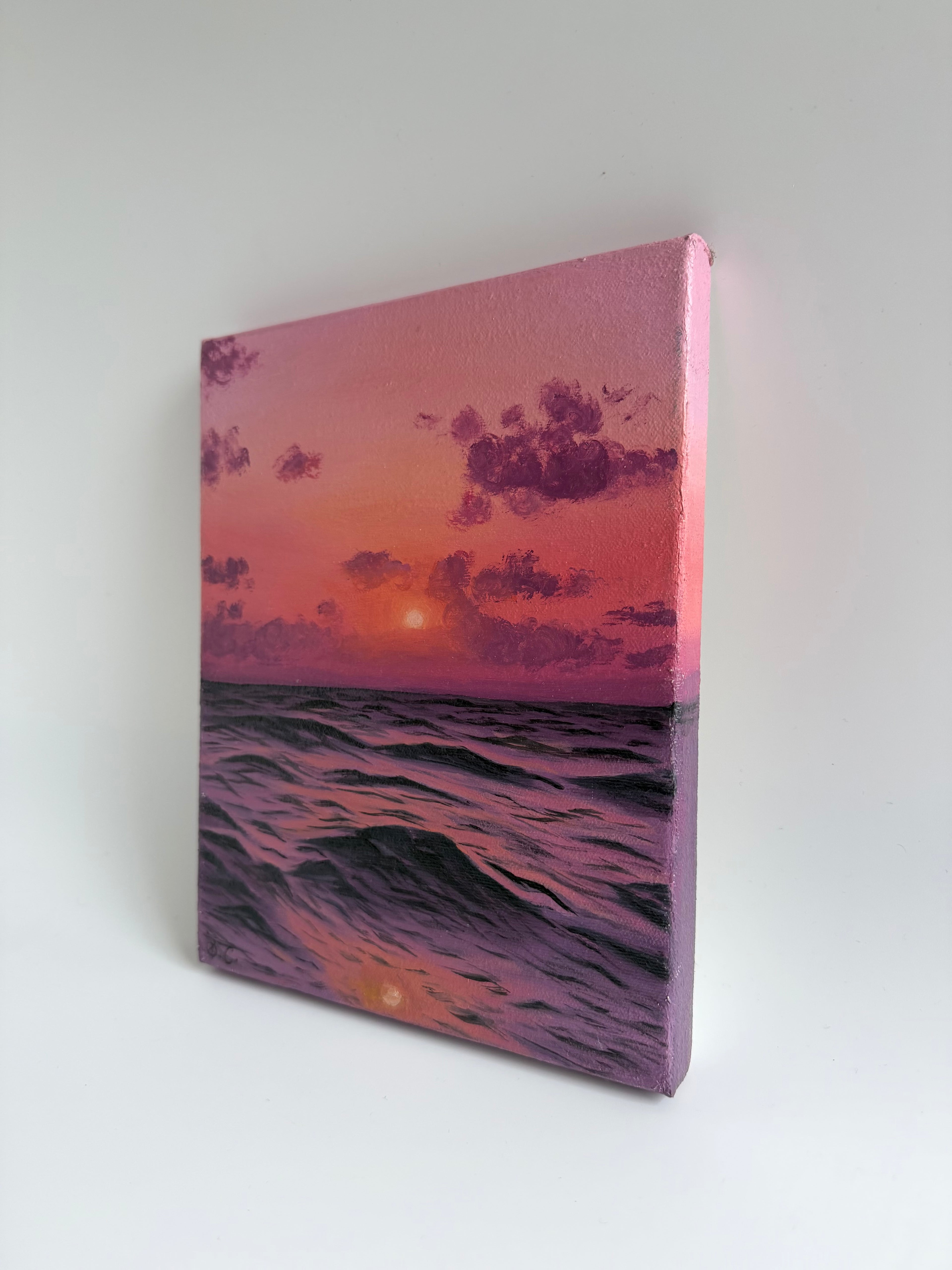 Original Beach Sunset Oil Painting | Pink Ocean Wall Art | 8×10 Coastal Artwork