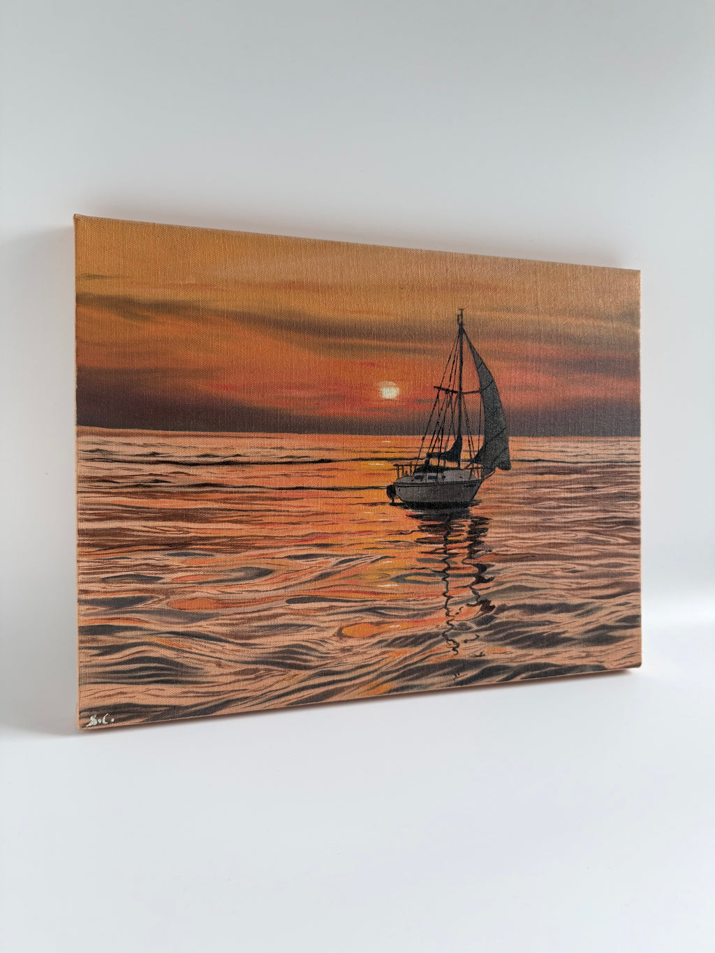 Original Sailboat Sunset Painting — Lake Oil on Canvas