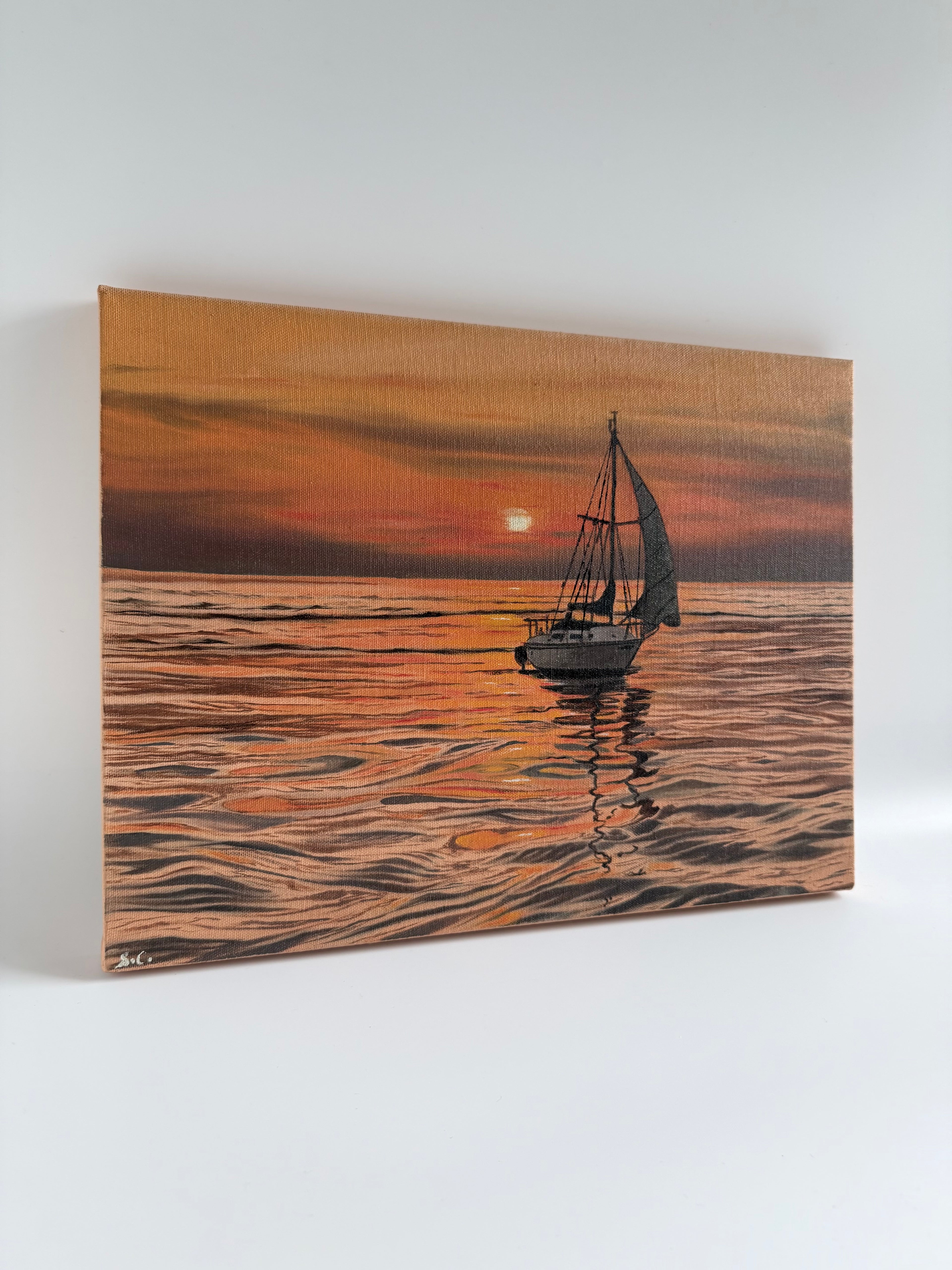 Original Sailboat Sunset Painting — Lake Oil on Canvas