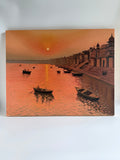 Original Banaras Ghat oil painting featuring sunrise over the Ganges with traditional boats and riverside architecture.