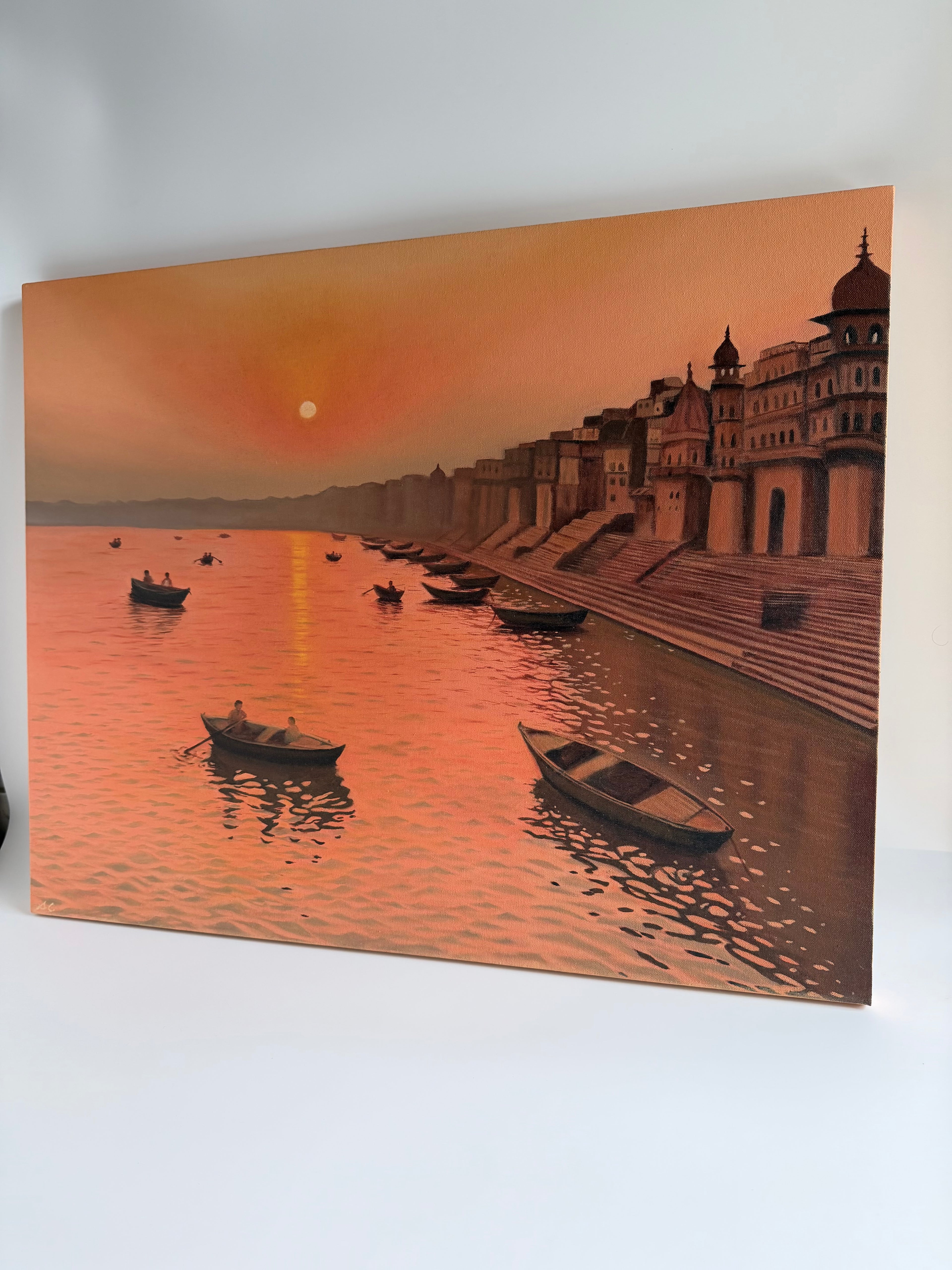 Varanasi Sunrise — Original Banaras Ghat Oil Painting