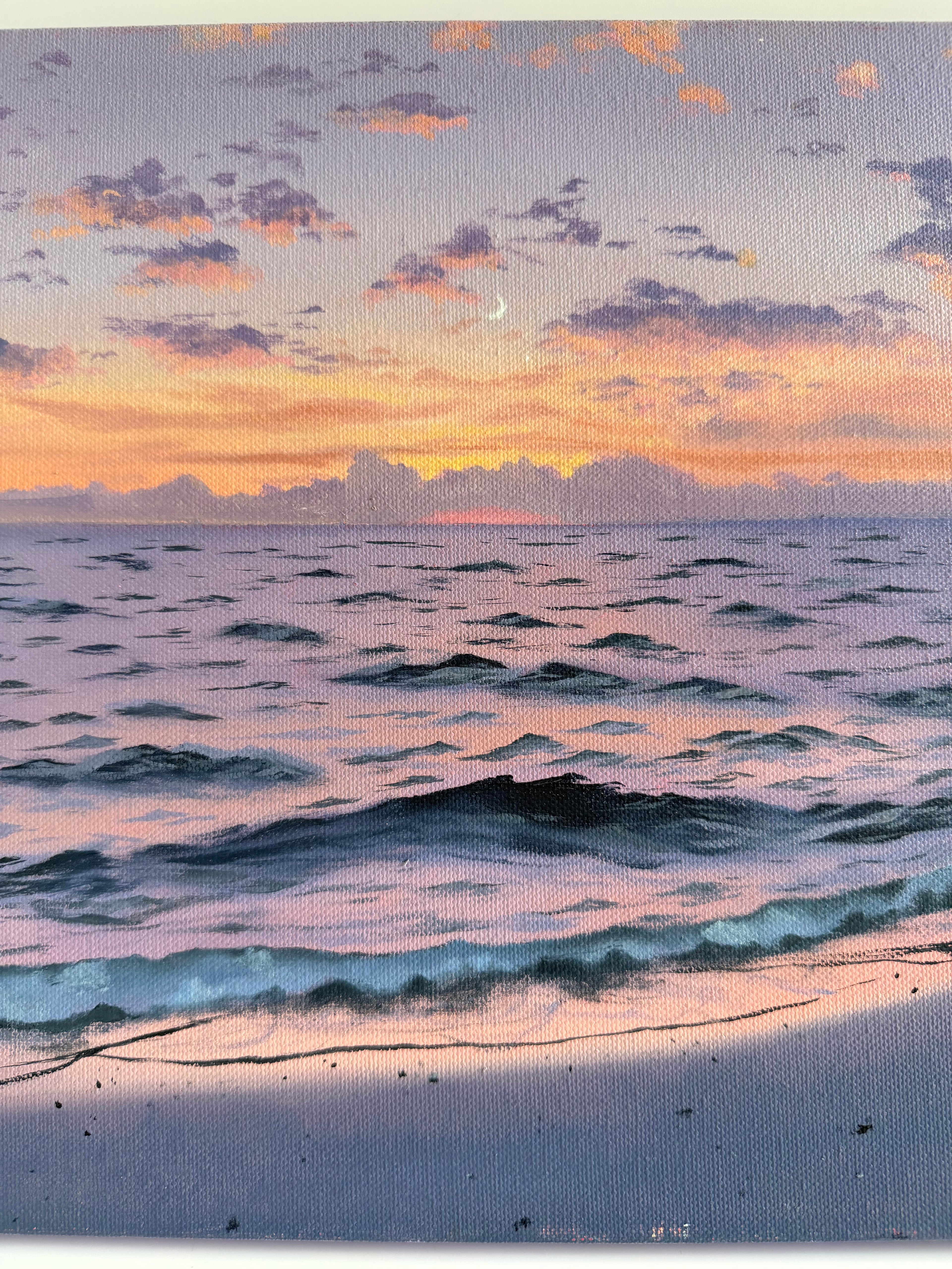 Original Purple Beach Sunset Painting — 12 × 16 Oil on Canvas