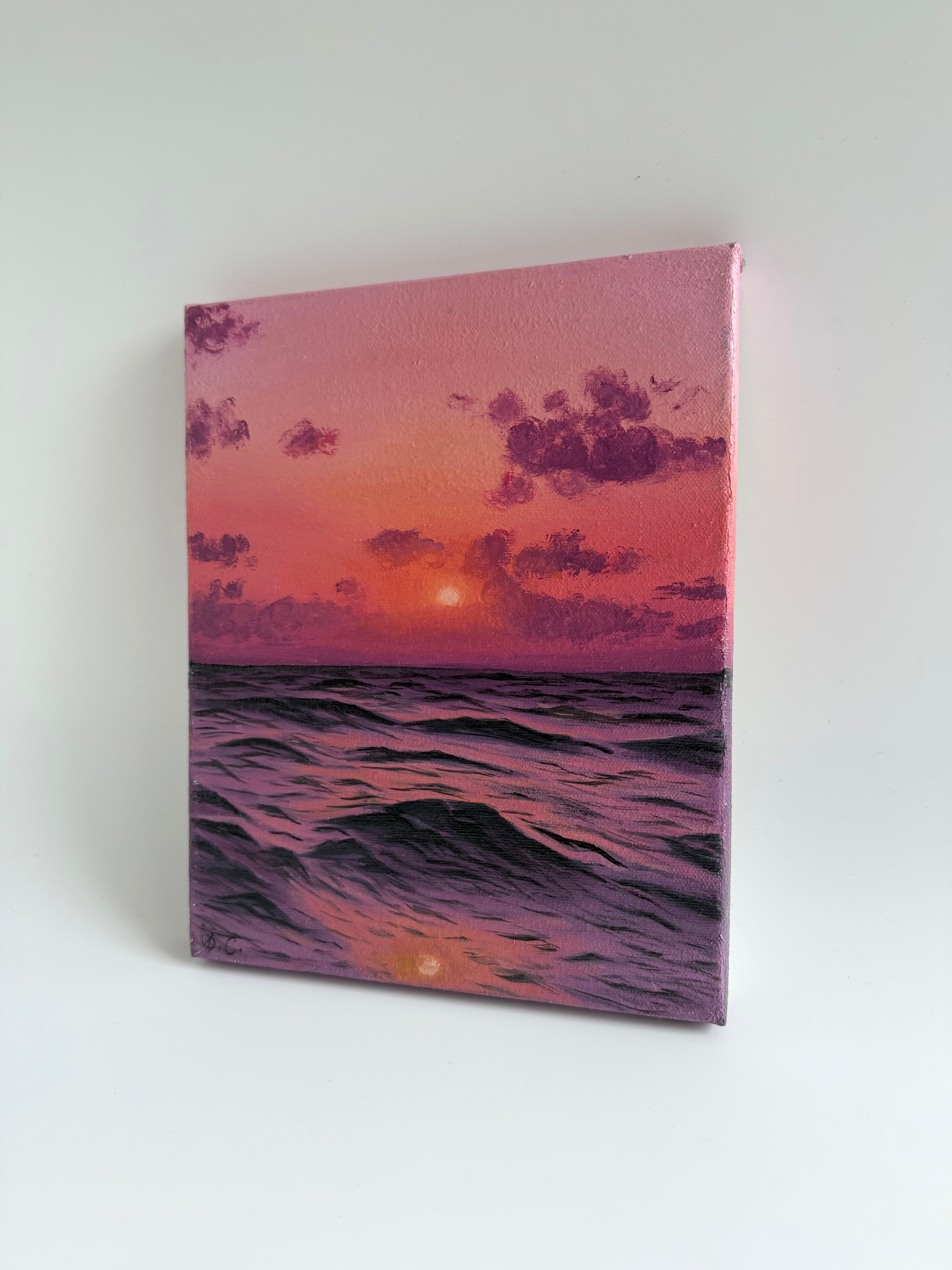 Original Beach Sunset Oil Painting | Pink Ocean Wall Art | 8×10 Coastal Artwork