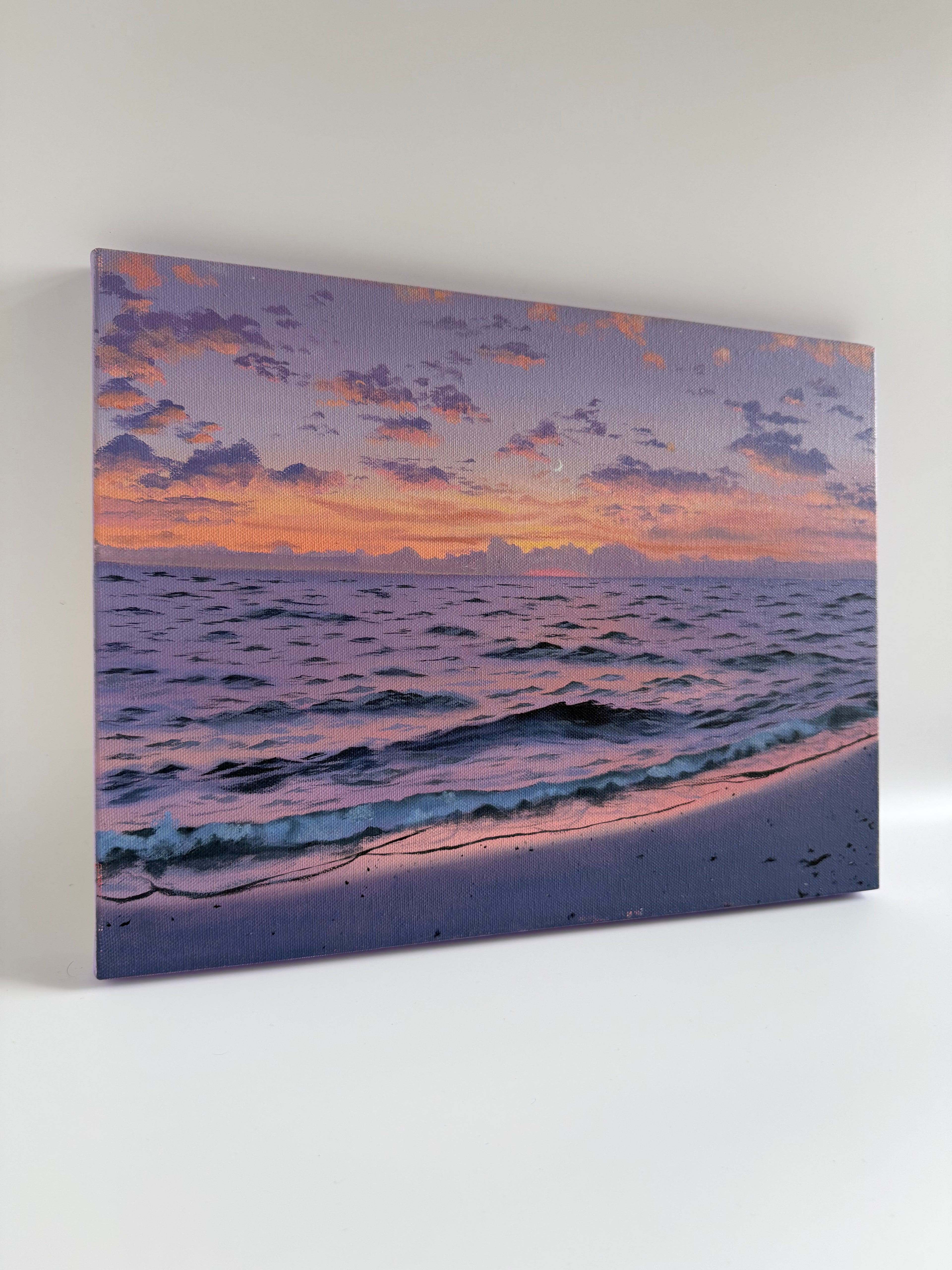 Original Purple Beach Sunset Painting — 12 × 16 Oil on Canvas