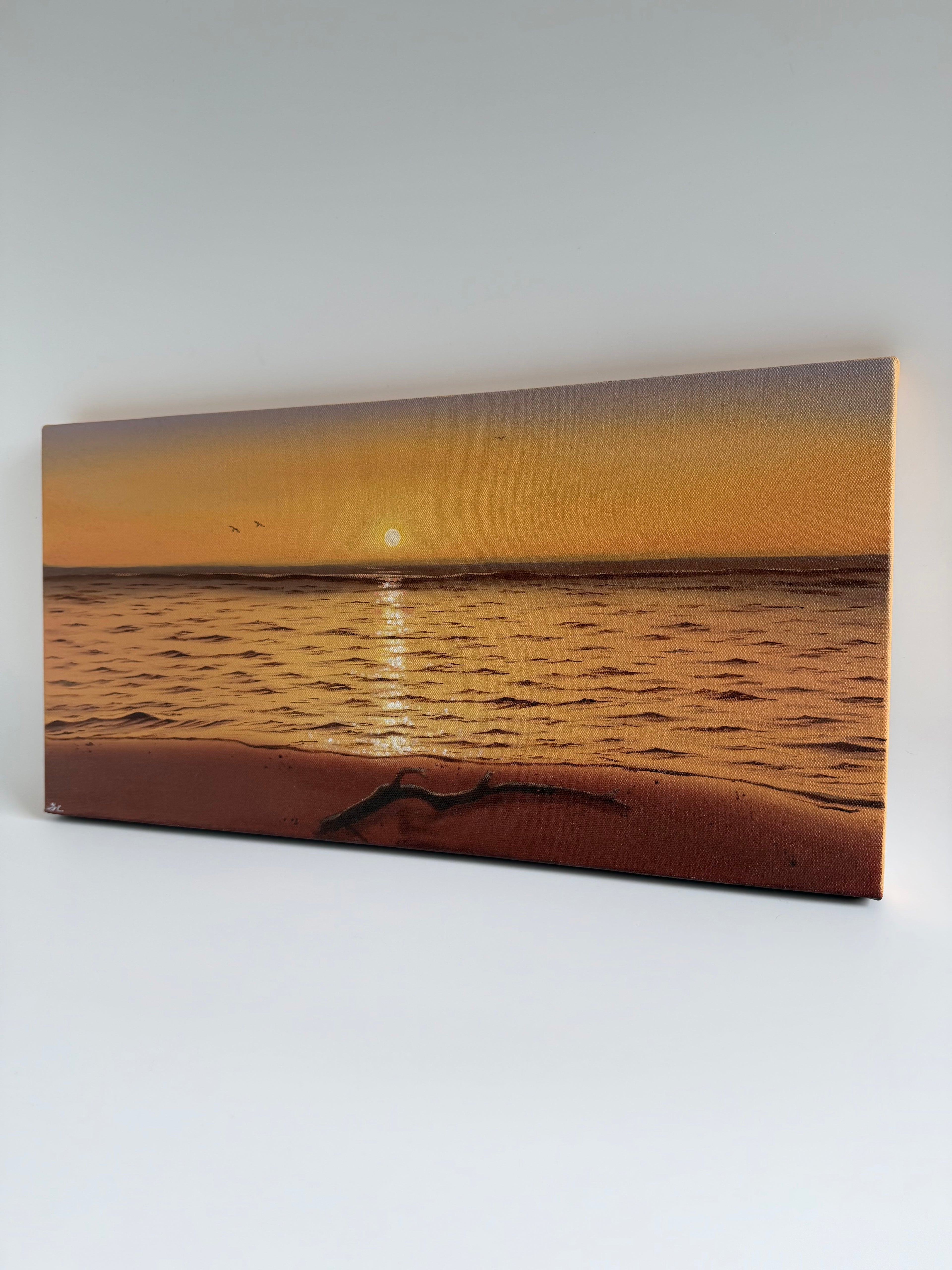 Golden Reflections | Original Long Narrow Beach Sunset Oil Painting