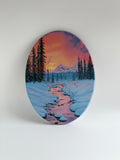 Original oval winter landscape oil painting featuring a peaceful snow-covered river and forest.