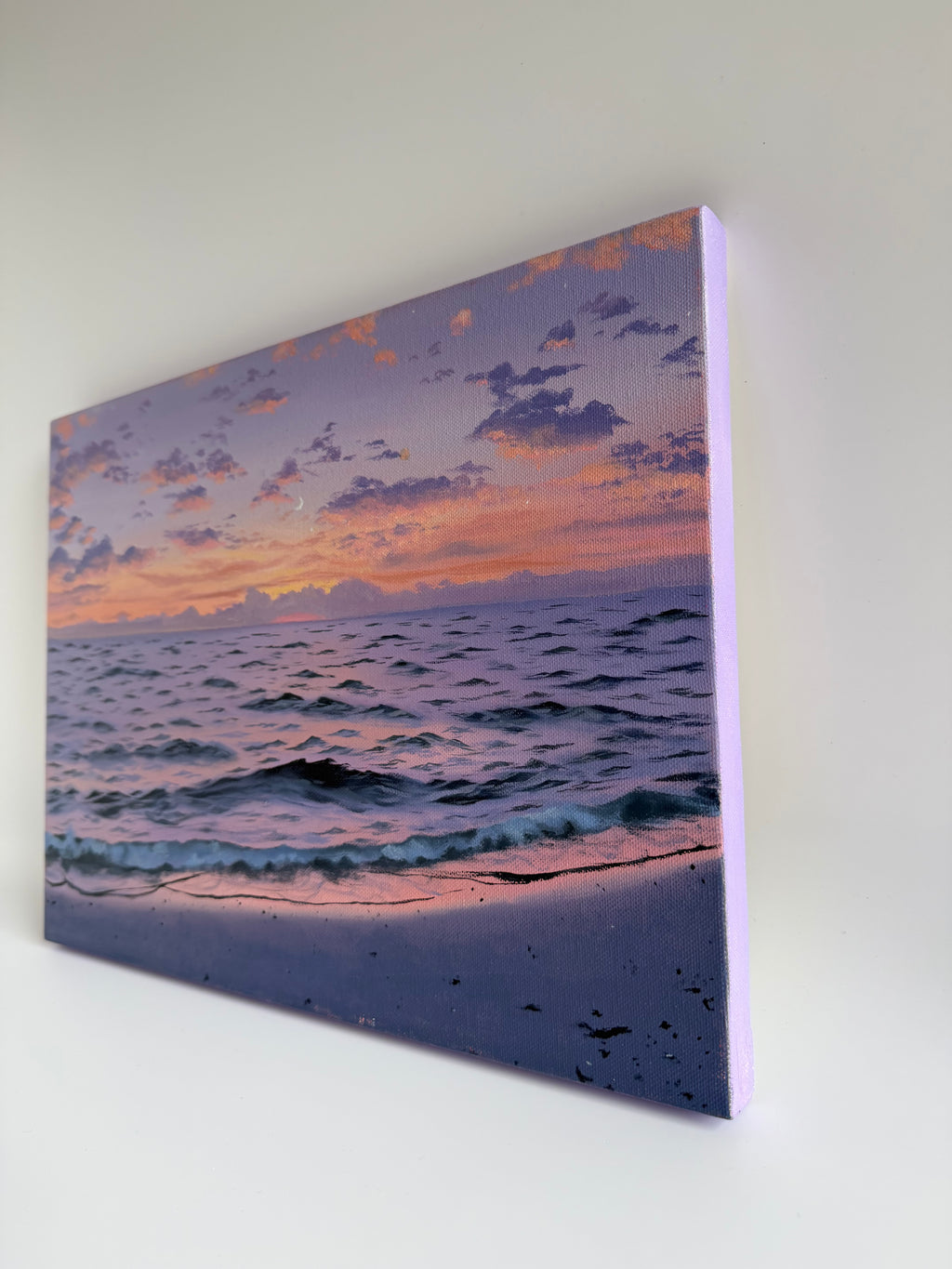 Original Purple Beach Sunset Painting — 12 × 16 Oil on Canvas