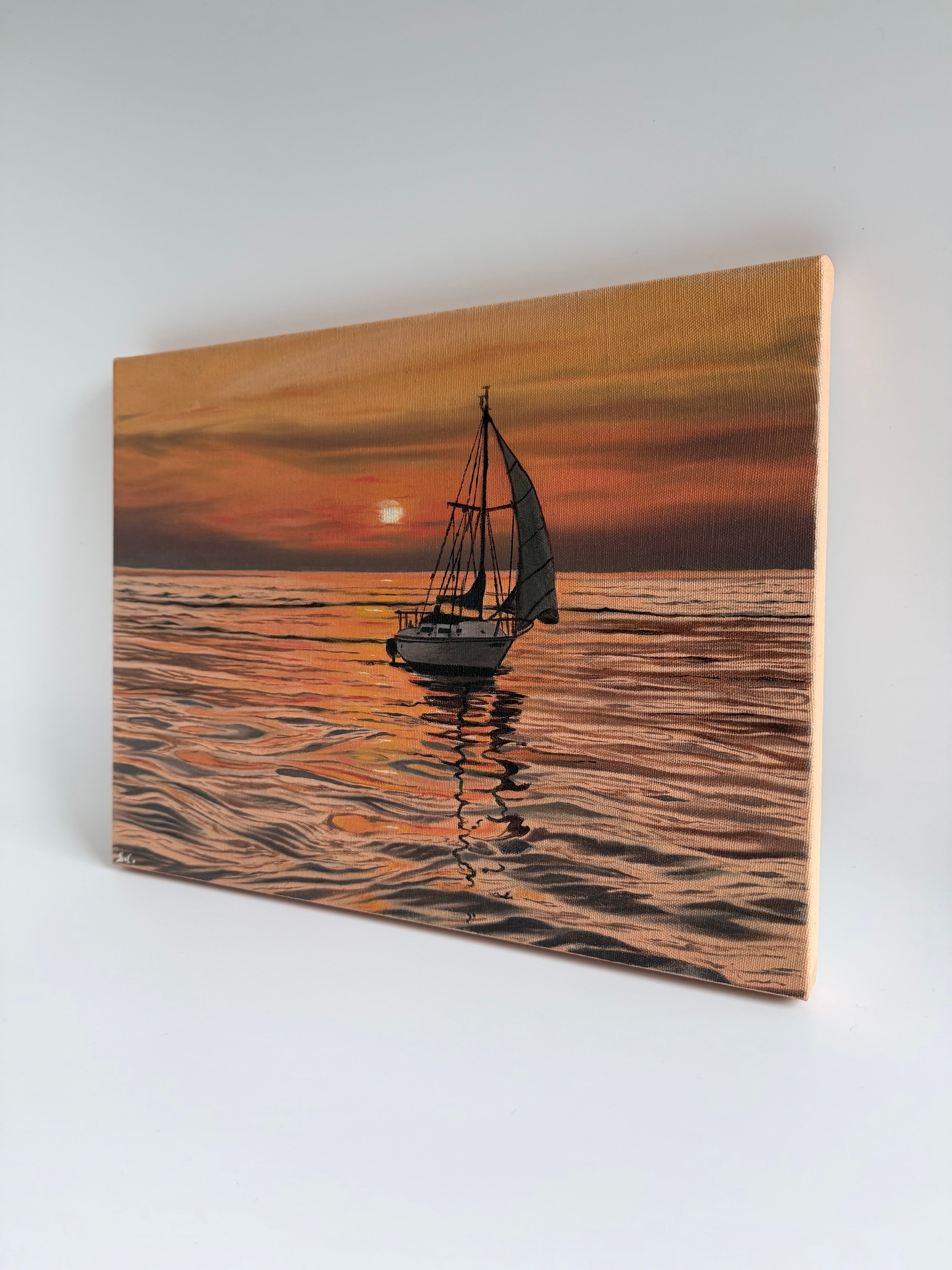 Original Sailboat Sunset Painting — Lake Oil on Canvas