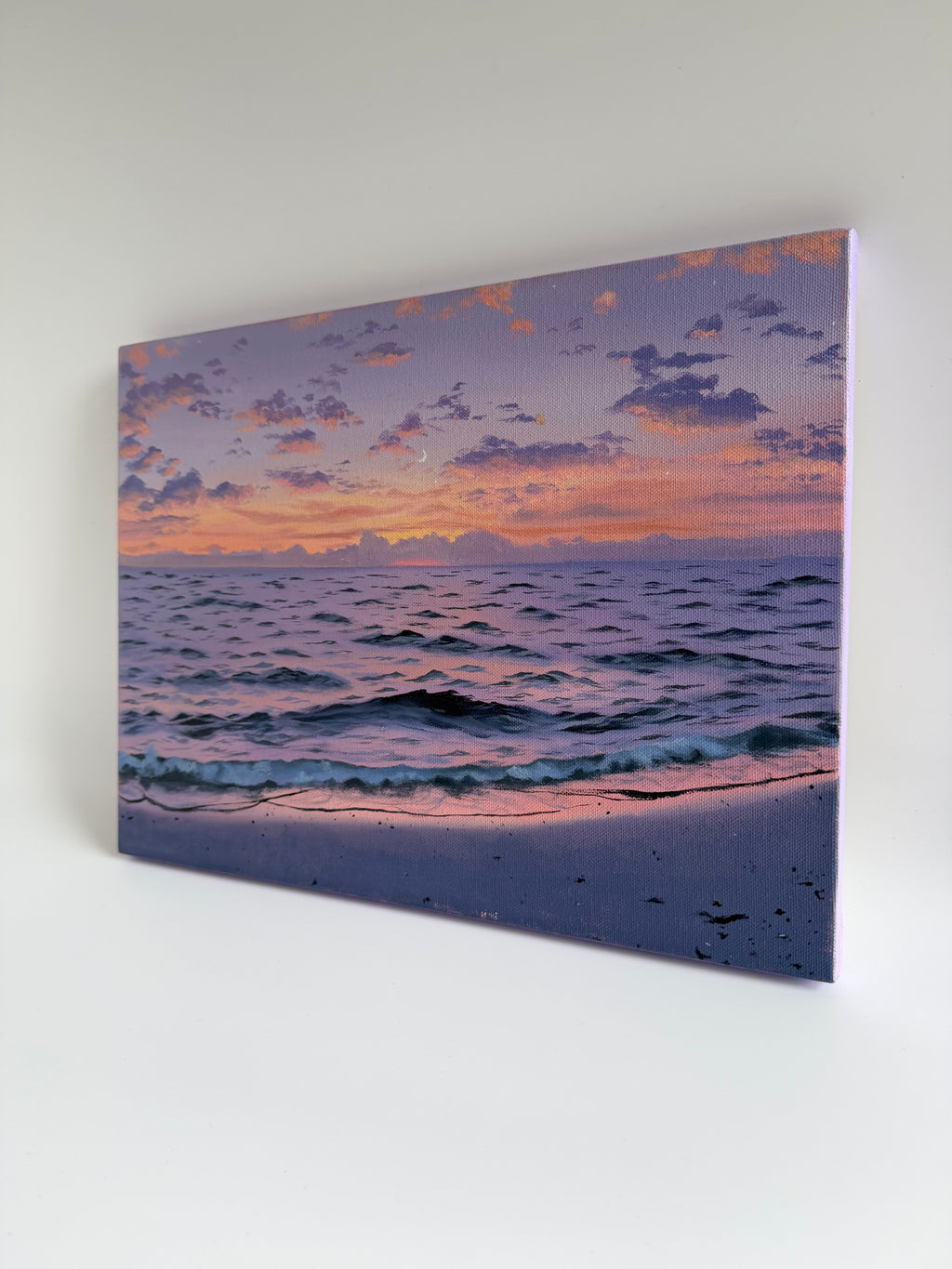 Original Purple Beach Sunset Painting — 12 × 16 Oil on Canvas