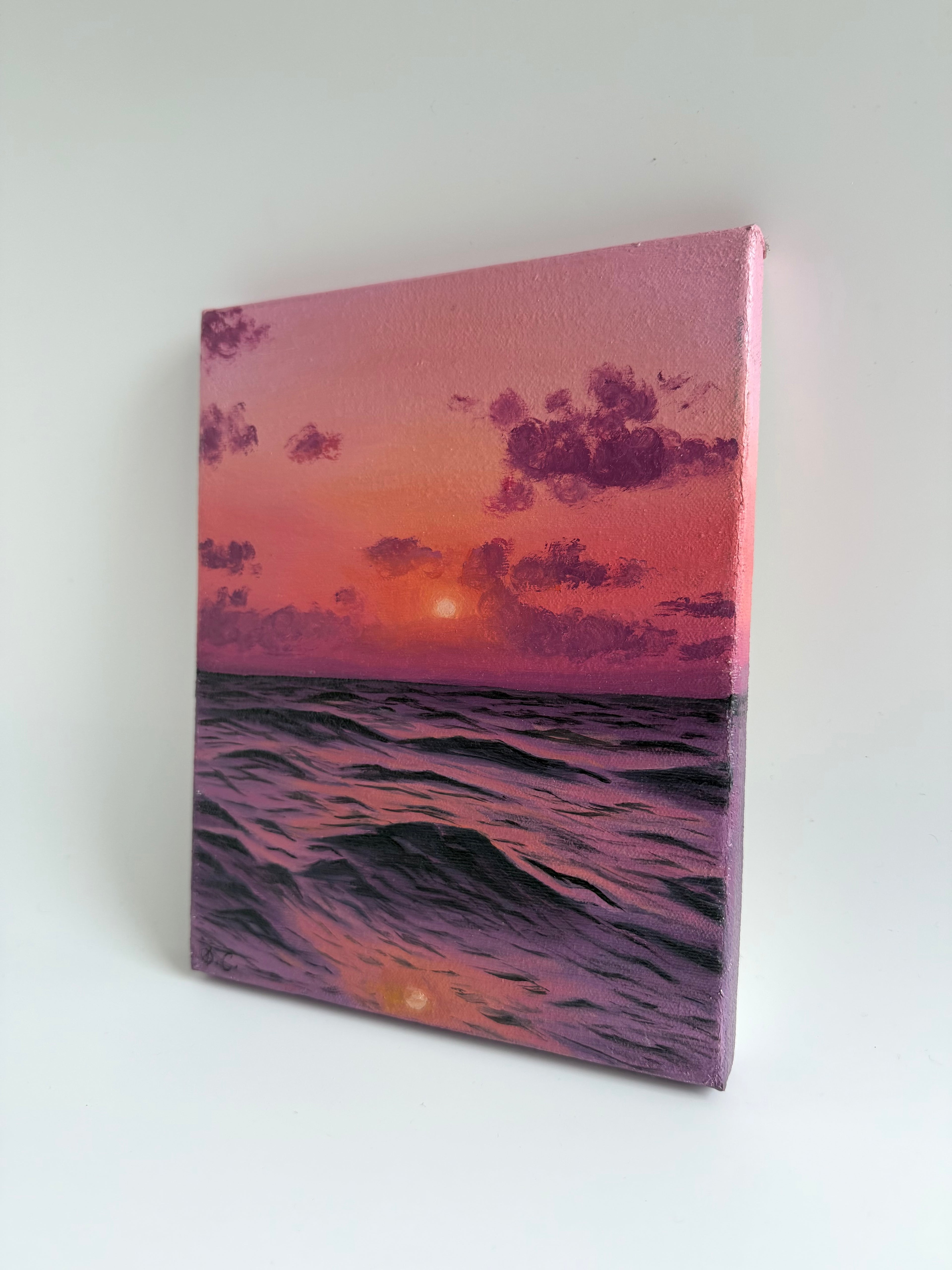 Original Beach Sunset Oil Painting | Pink Ocean Wall Art | 8×10 Coastal Artwork