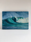 Original ocean wave oil painting featuring rolling waves and textured coastal waters.