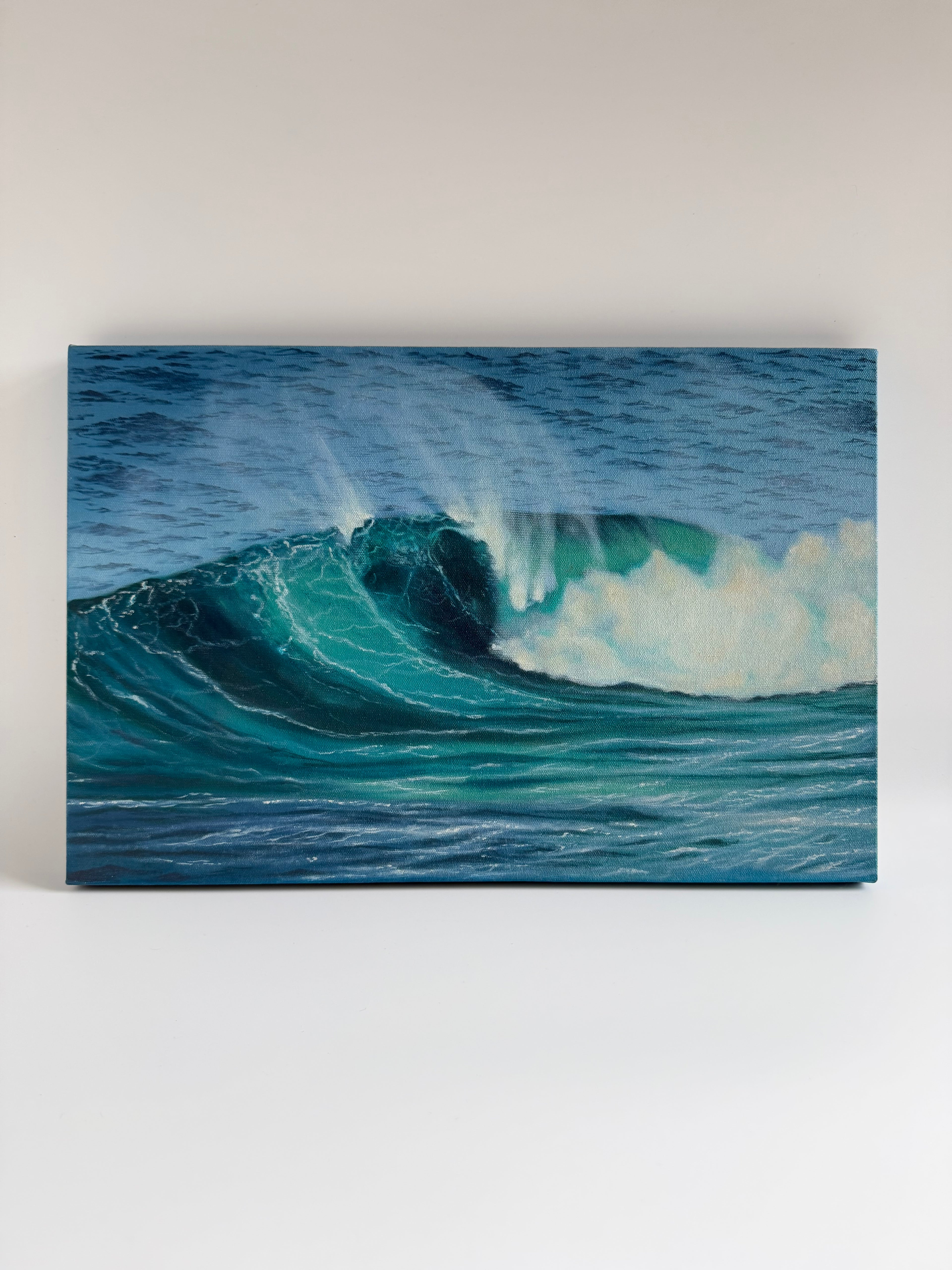Original ocean wave oil painting featuring rolling waves and textured coastal waters.